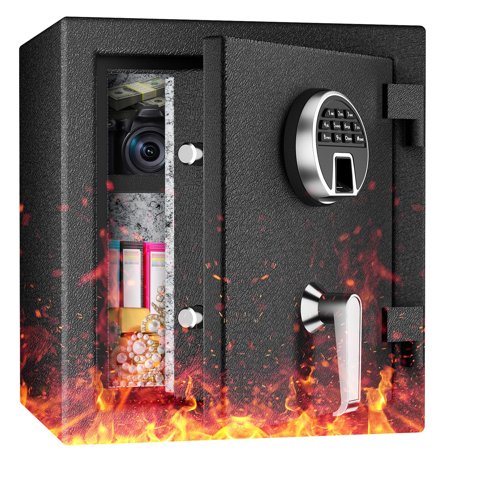WASJOYE Fireproof Safe Box, Fingerprint Safe, Biometric Home Safe with Digital Backlit Keypad and Removable Shelf, Heavy Duty Money Safe with Dual Alarm System for Home Hotel Office, 45L