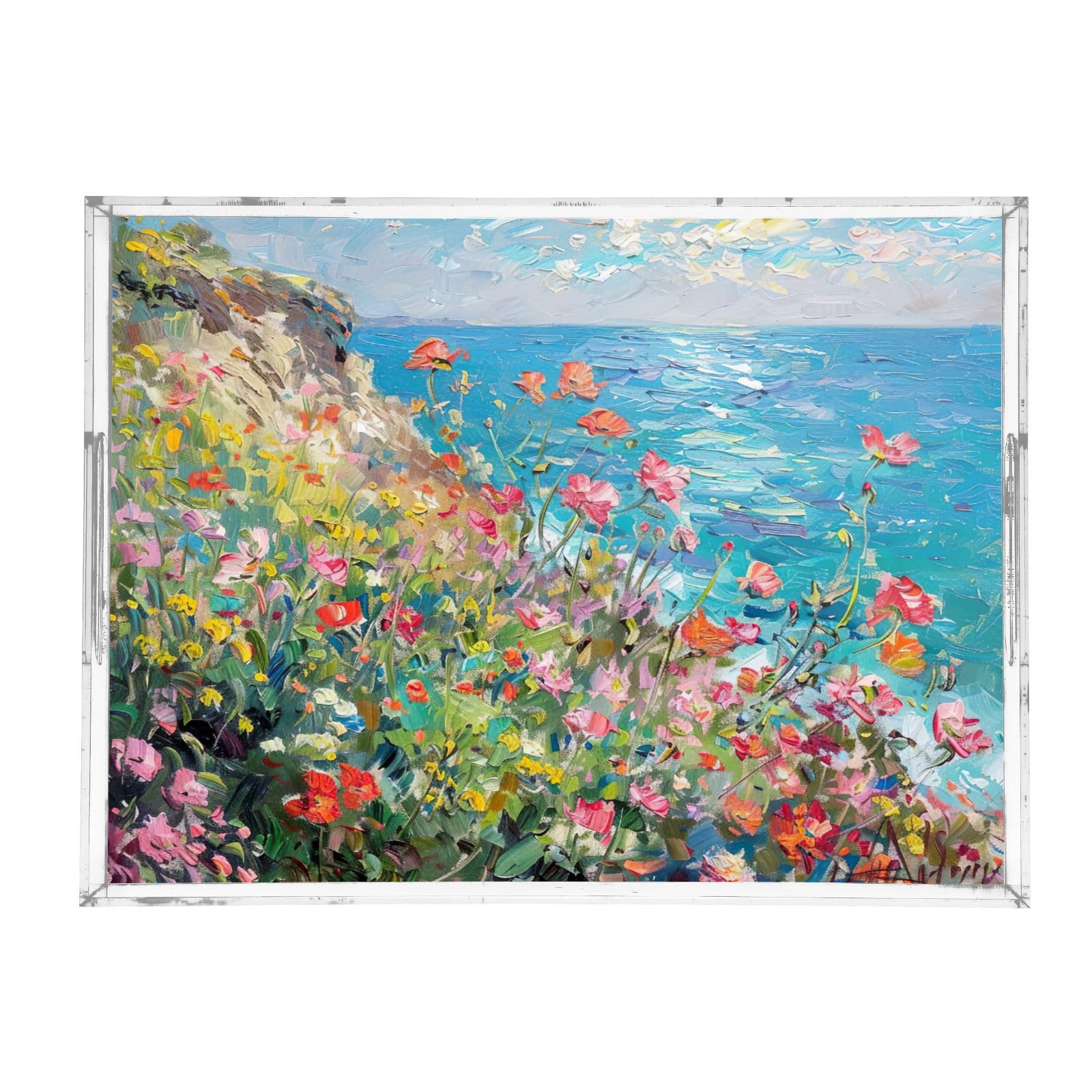 BOESI Oil on Canvas Flower and Sea Acrylic Decorative Dining Tray, Acrylic Decorative Tray Organizer with Handle for Kitchen, Dining Room, Bathroom, Dresser