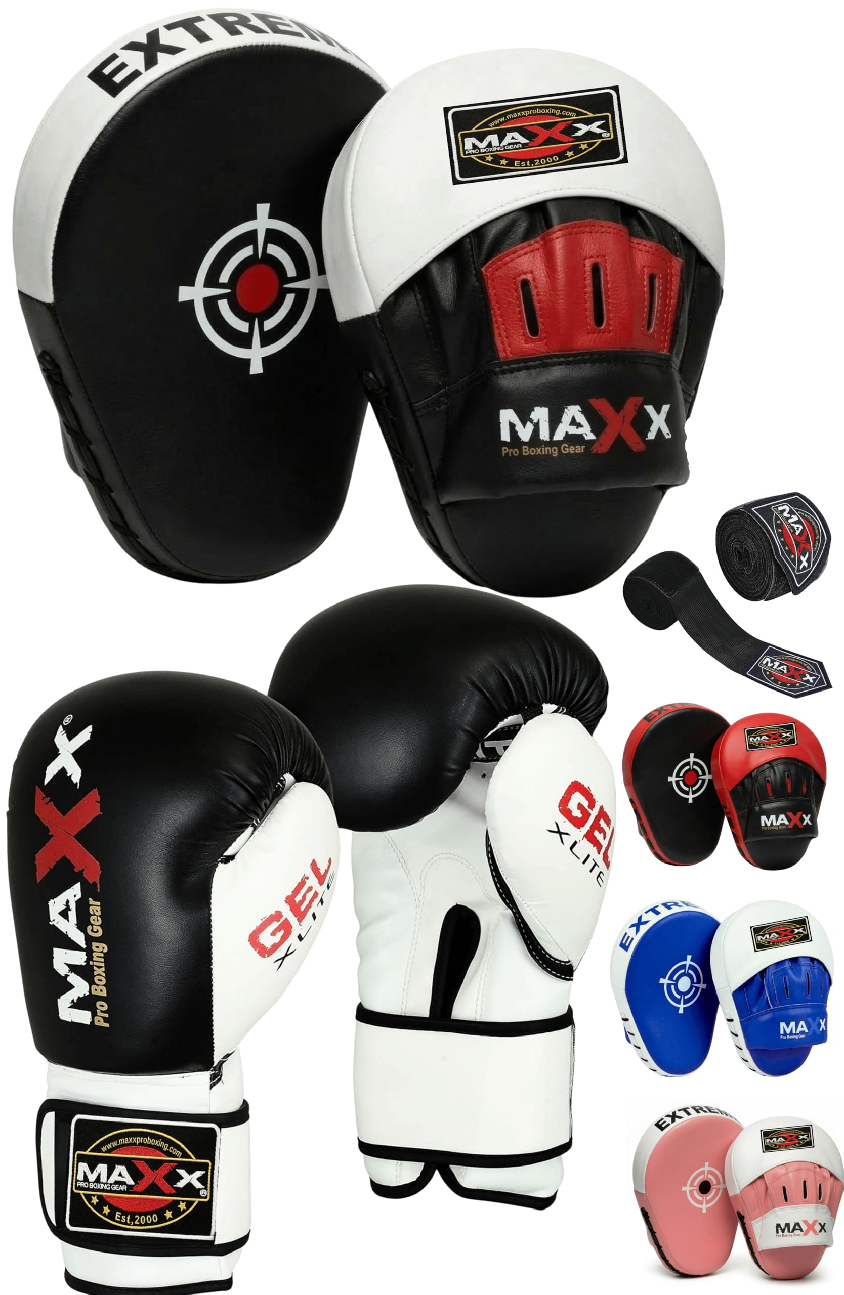 Maxx Focus pads + gloves set, hook and jab pads, training focus mitts, boxing pads, sparring pads (BLACK/WHITE, 14OZ) — image 1