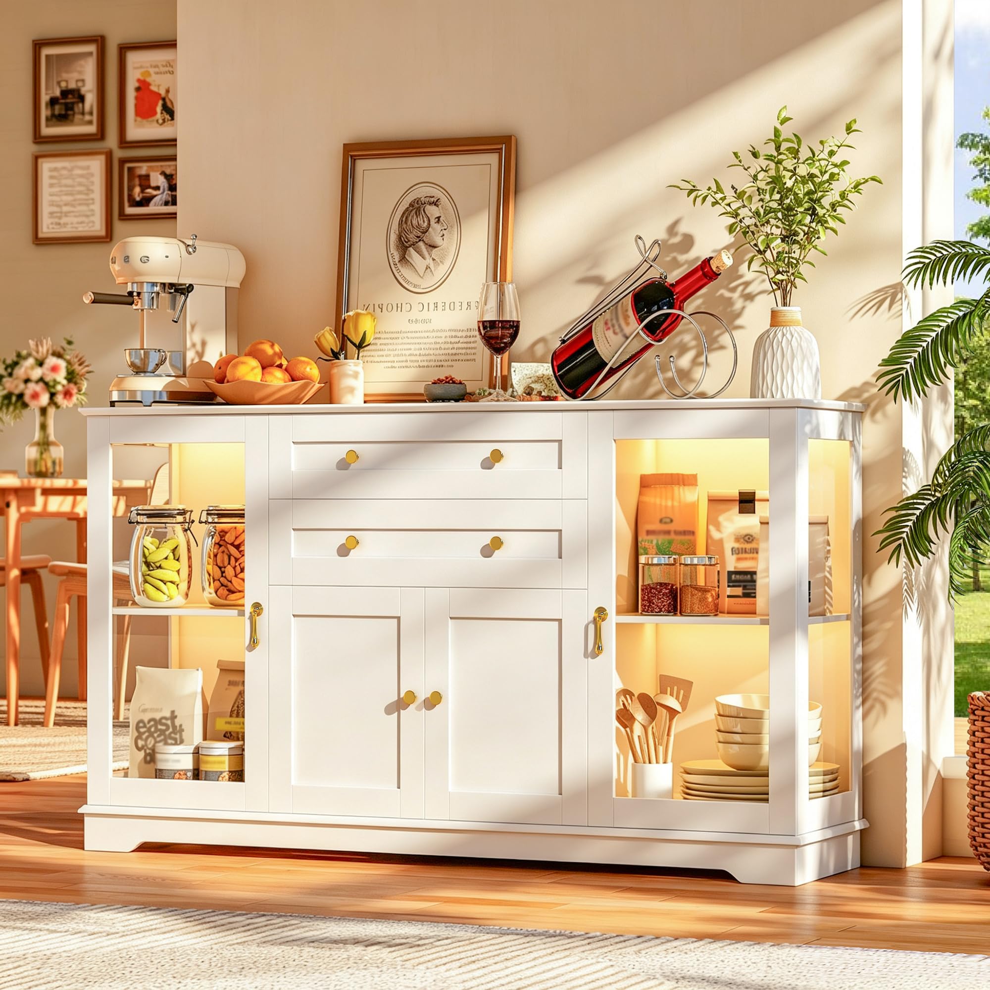 Sideboard mit RGB LED Beleuchtung 7 Dynamische Farben Fernbedienung, Breite Kommode 140cm Verstellbare Böden Metallgriffe, Vitrine 6 Ebenen Stauraum, Esszimmer Wohnzimmer, 40x140x86cm, Weiß