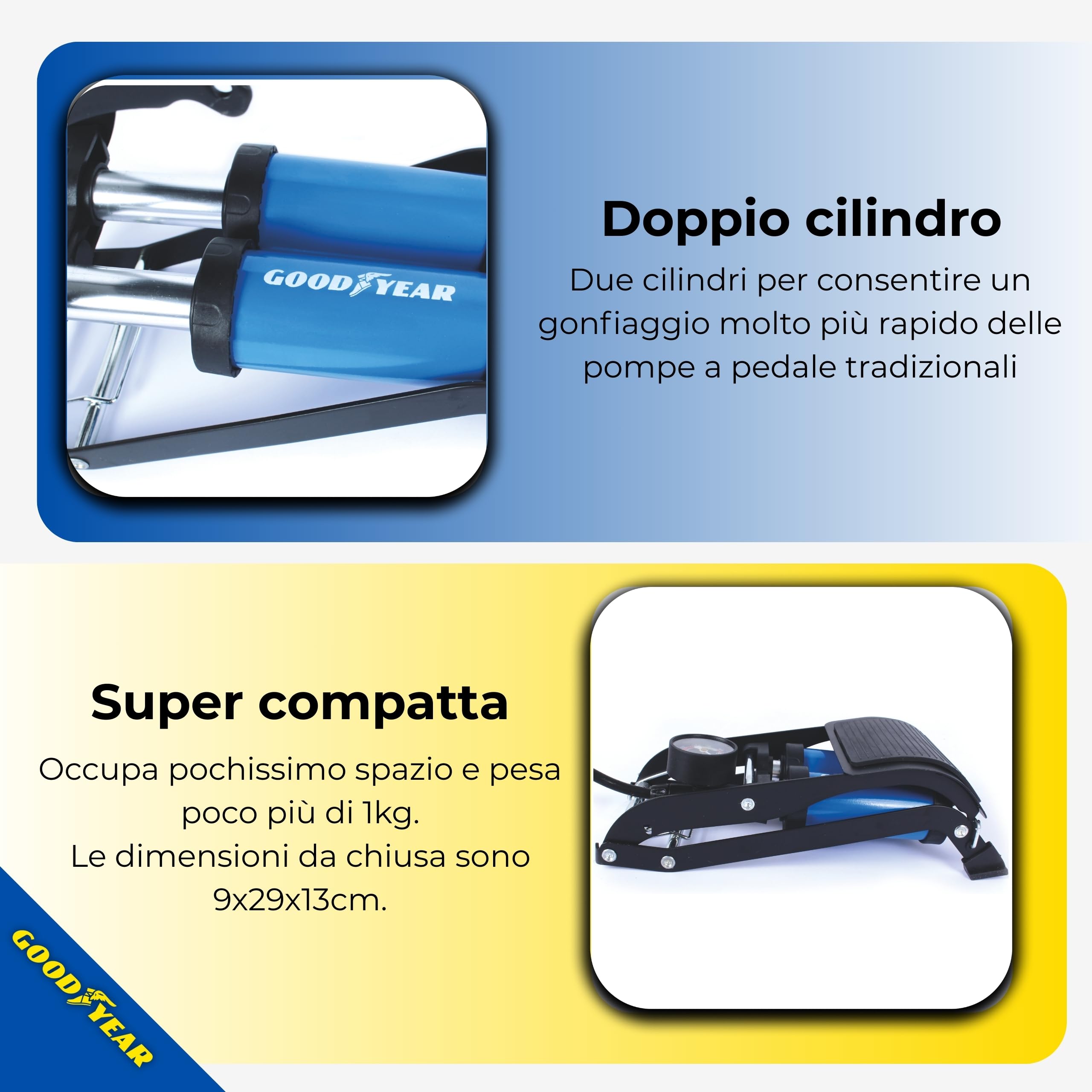 Goodyear Pompa a Pedale Doppio Cilindro con Manometro – Gonfiatore Portatile per Bici, Auto, Moto, Palloni e Gonfiabili – con Attacchi e Adattatori Inclusi
