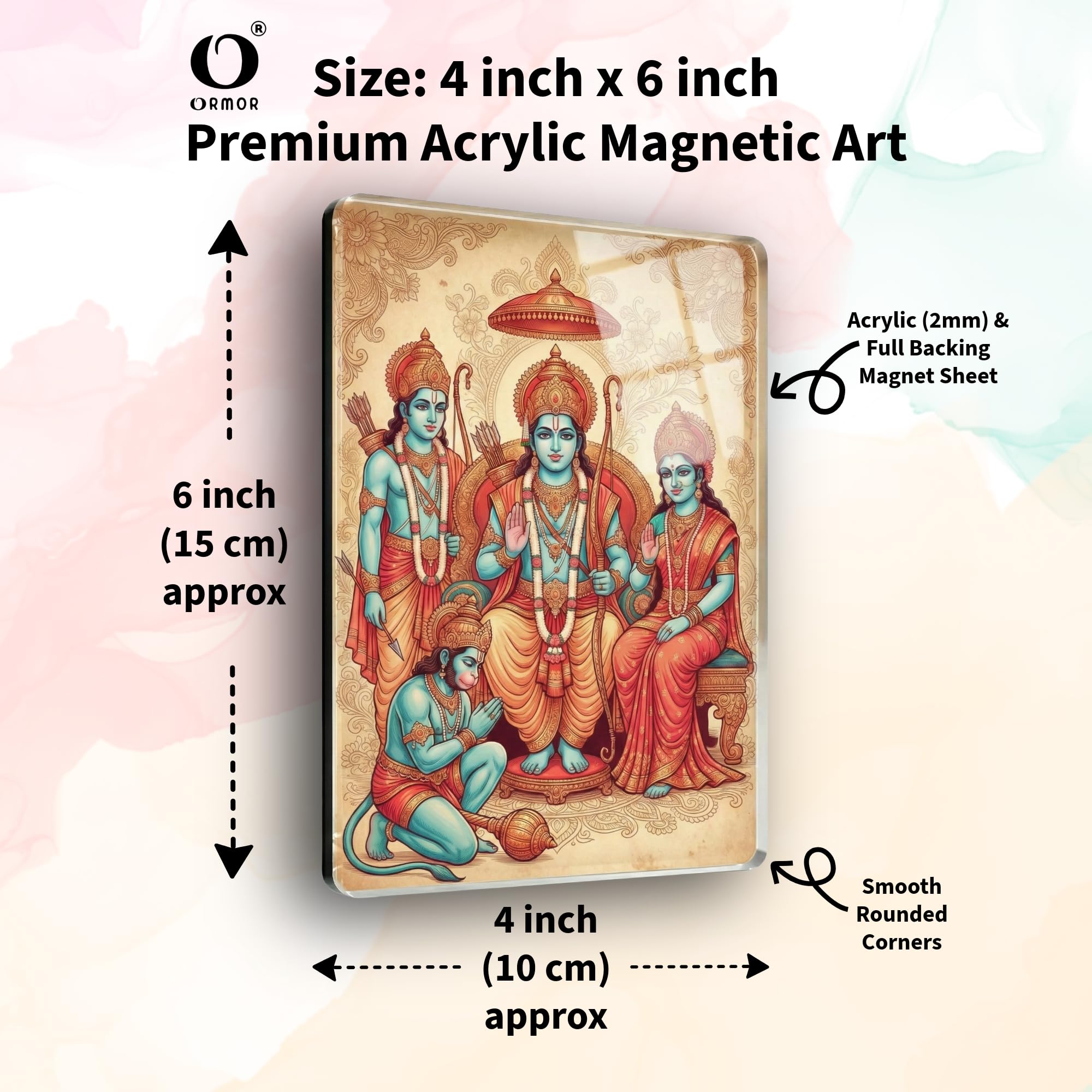 ORMOR Ram Darbar God Picture Fridge Magnet Acrylic Photo (4x6 inch, ART1) with Self Adhesive Wall Hook | for Display on Refrigerator, Wardrobe Almirah, Office Table | Paste on Wall Entrance, Puja Room Temple, Religious Art Home Decor Gift Item 1