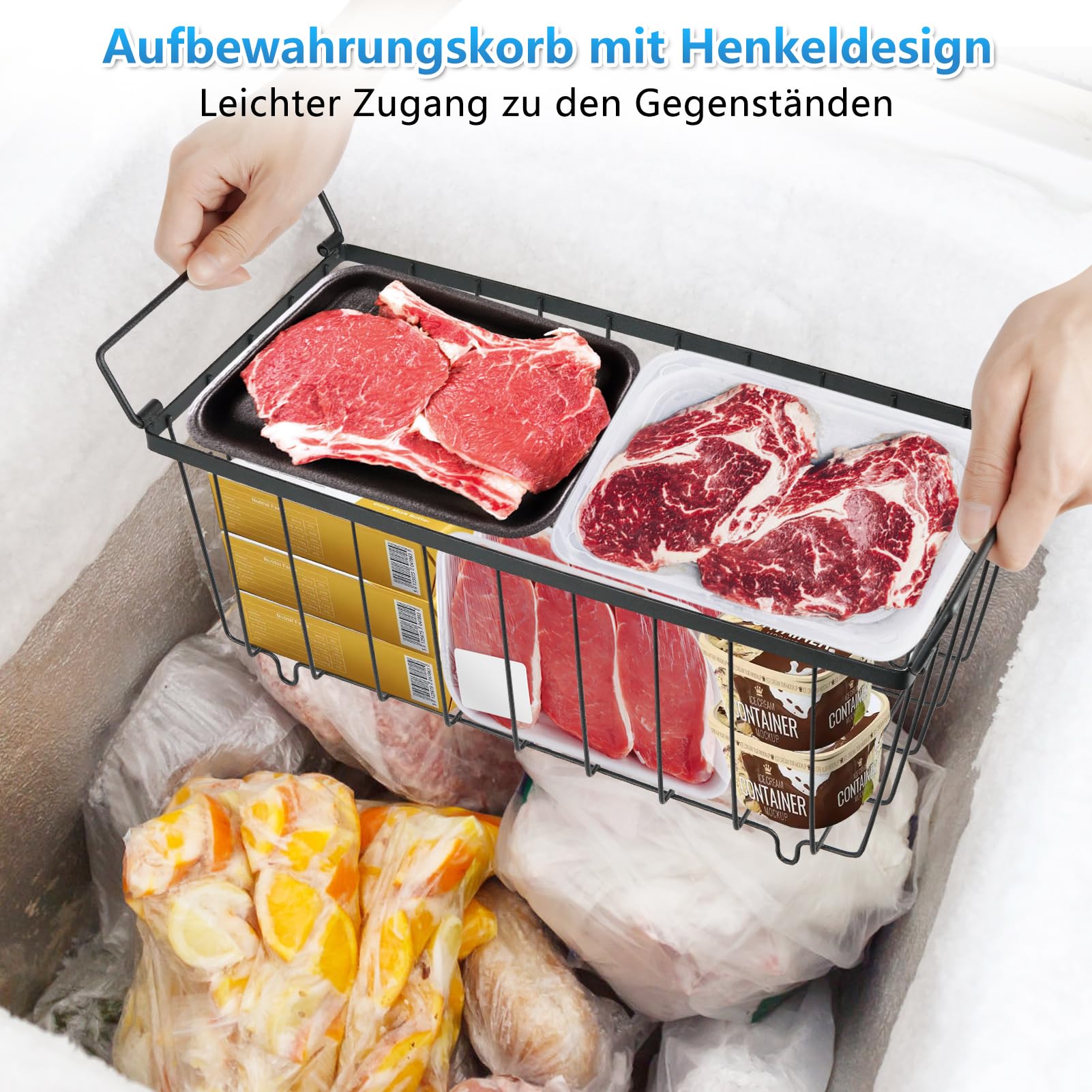 4 Stück Kühlschrank Organizer Schublade Zutaten Gefrierschrank Organizer mit Griffen Stapelbarer Metall Aufbewahrungskorb für Schlafzimmer Schrank Kühlschrank Gefriertruhe ( Schwarz)