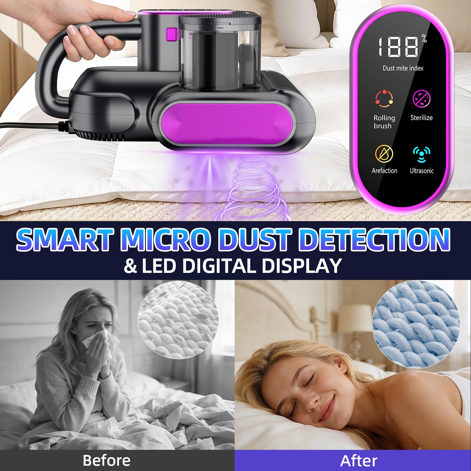 Aspirapolvere per materasso, detergente per materasso da 15 kPa con super aspirazione e luce UV da 275 nm, aspirapolvere materasso a mano da 500 W per letto, divano, mobili, culla, filtro di ricambio