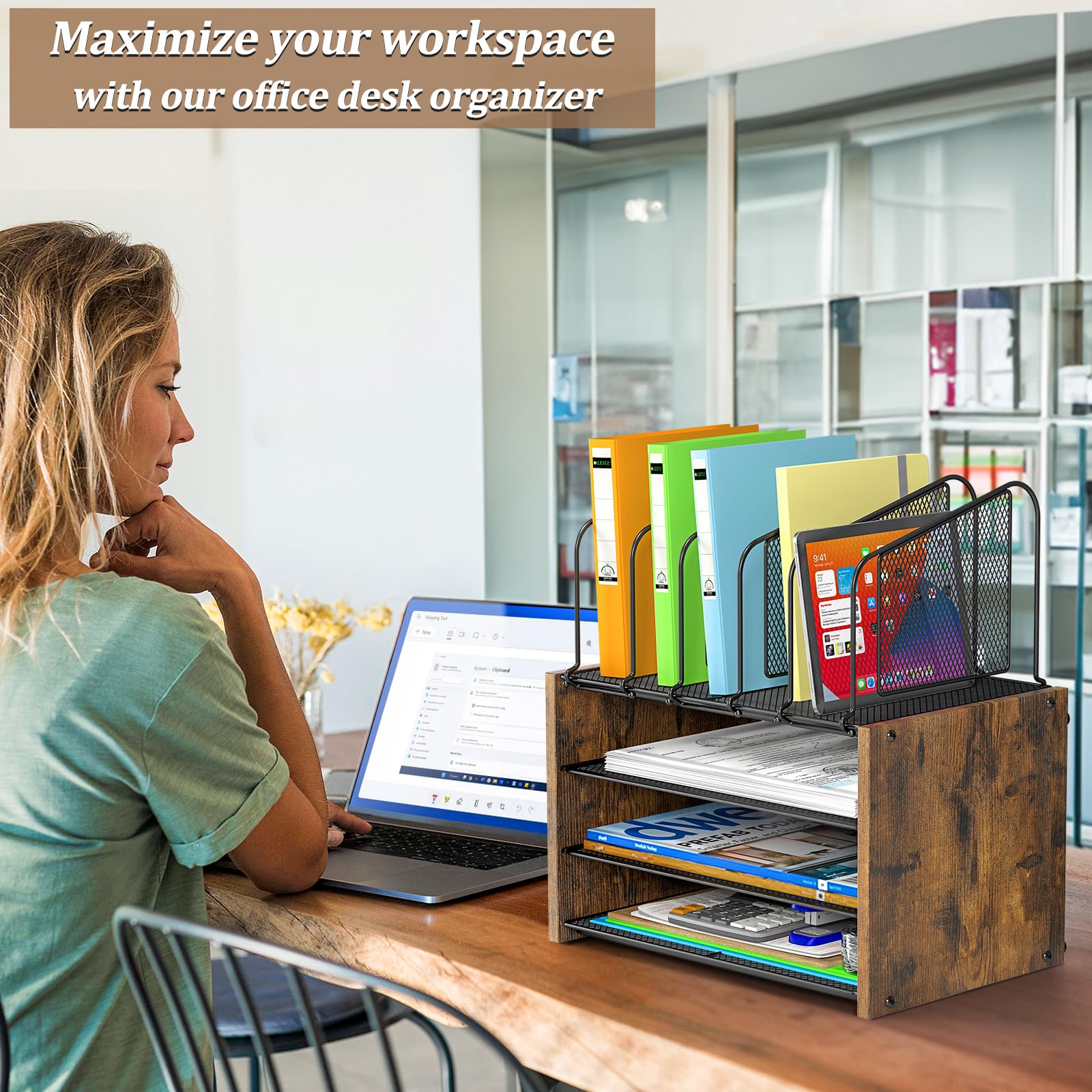 Schreibtisch-Organizer mit 4 Ebenen, Schreibtisch-Organizer mit 5 vertikalen Aktenhaltern, Büro-Schreibtisch-Organizer mit 3 Ebenen, Briefablage, Holz-Schreibtisch-Organizer und Zubehör für Home