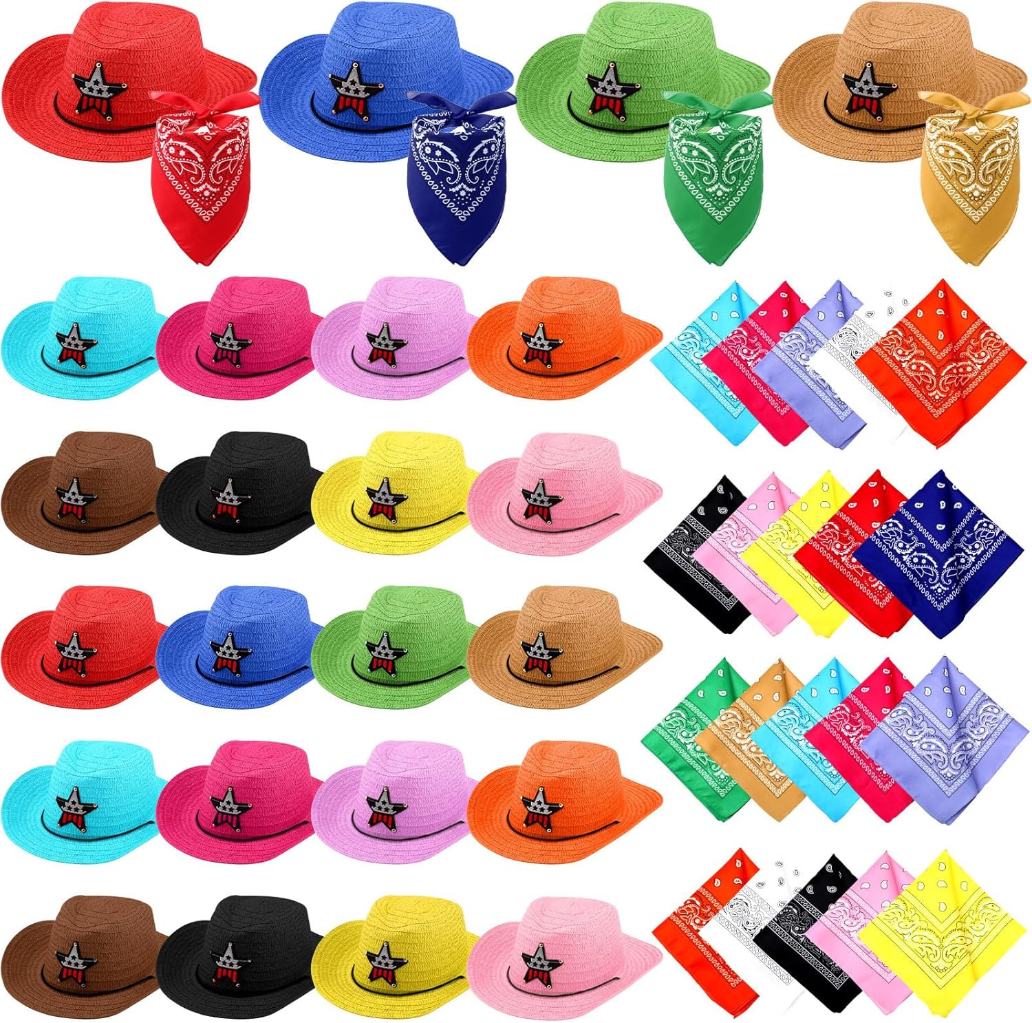 Leumoi 48 Pcs Cowboy Hats with Bandanas Straw Western Party Hats Bulk Multicolor Cowgirl Cowboy Party Pack for Cosplay Western Themed Decor