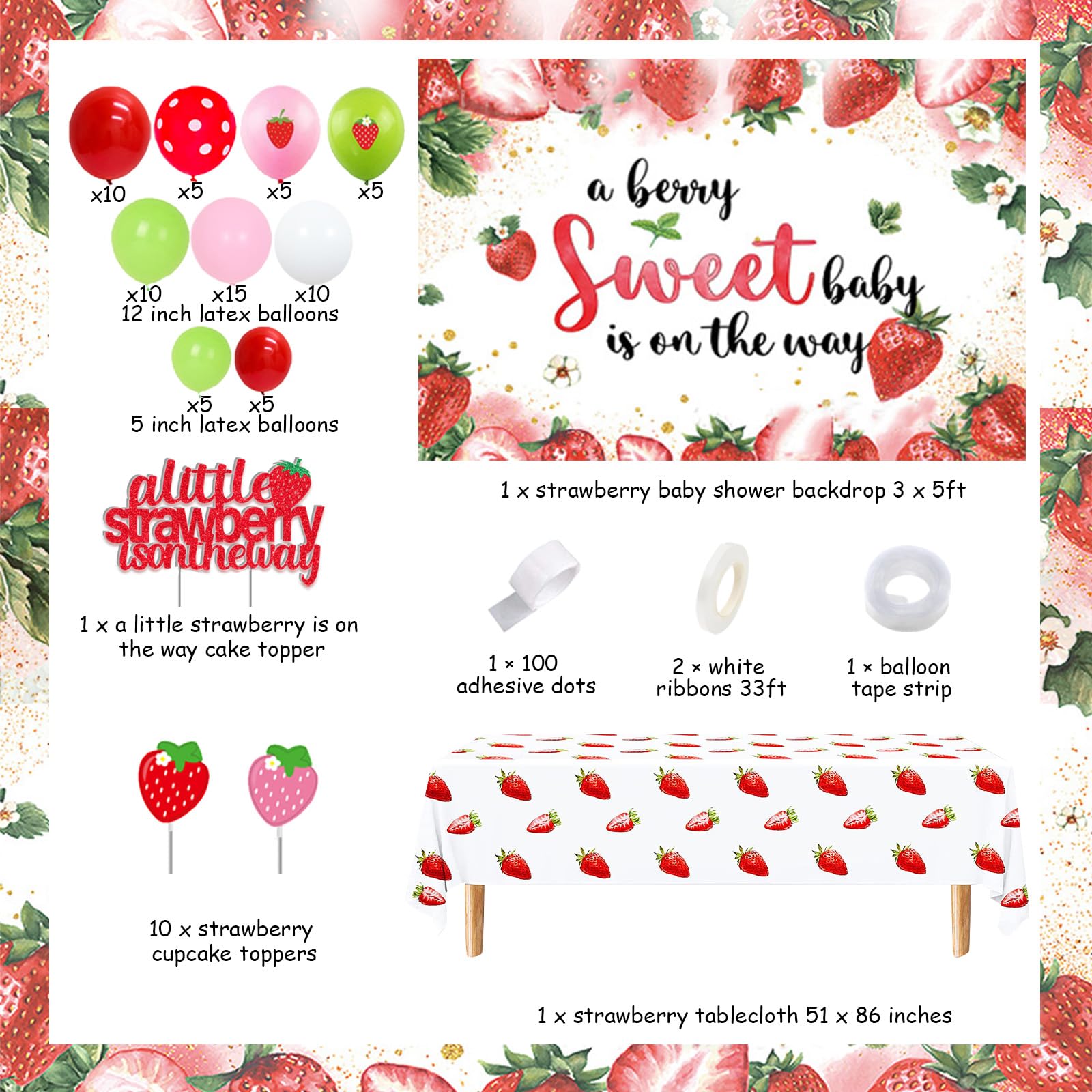 Erste Geburtstag Ballons Set – 8-teilig Mit Erdbeere & Gänseblümchen Motiven, Selbstverschließend | Für Süße Berry-Partys