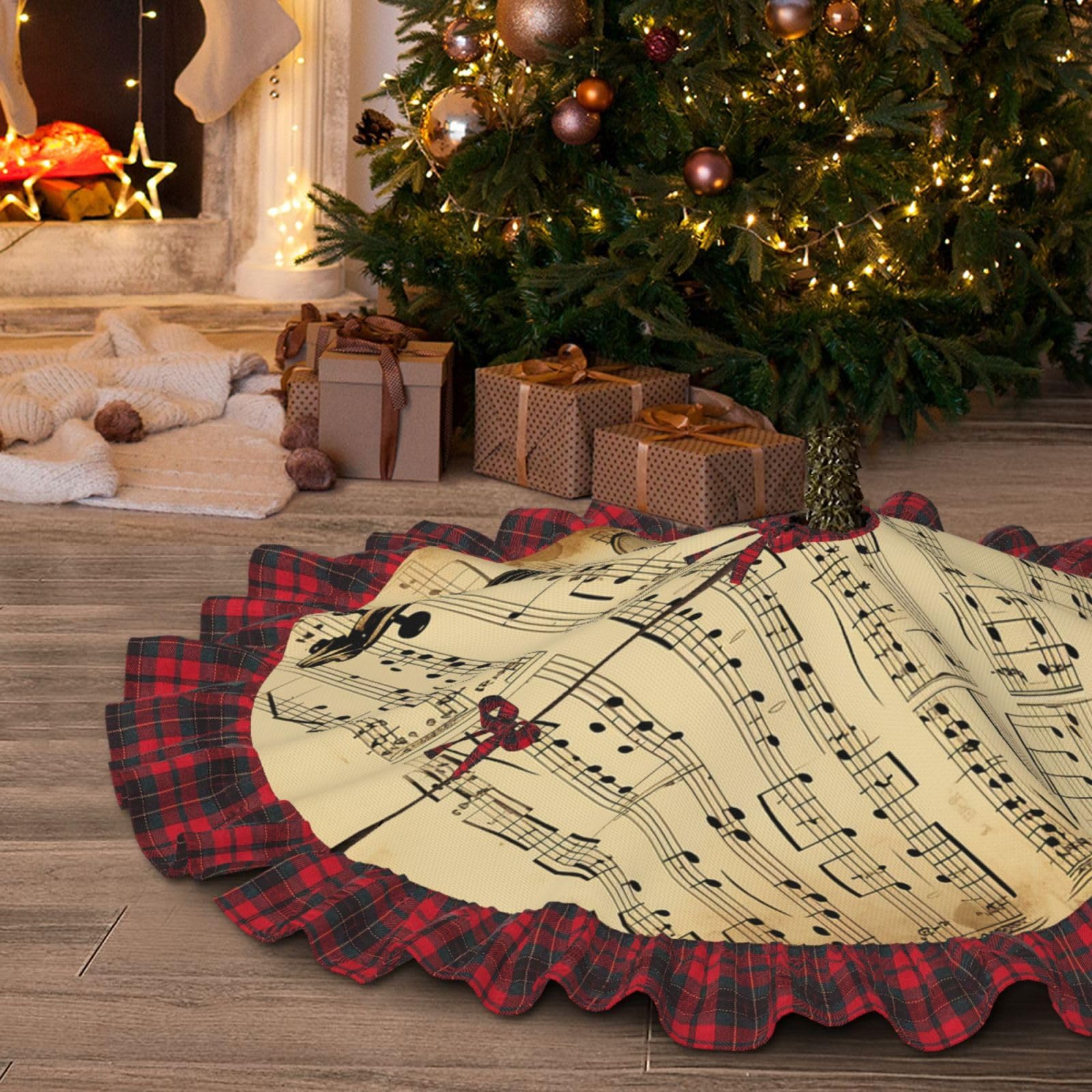 Christmas Tree Skirt 36" Burlap Rustic Xmas Tree Mat Music Notes on Old Paper Plaid Christmas Tree Cover Skirt Mat for Christmas Decorations Holiday