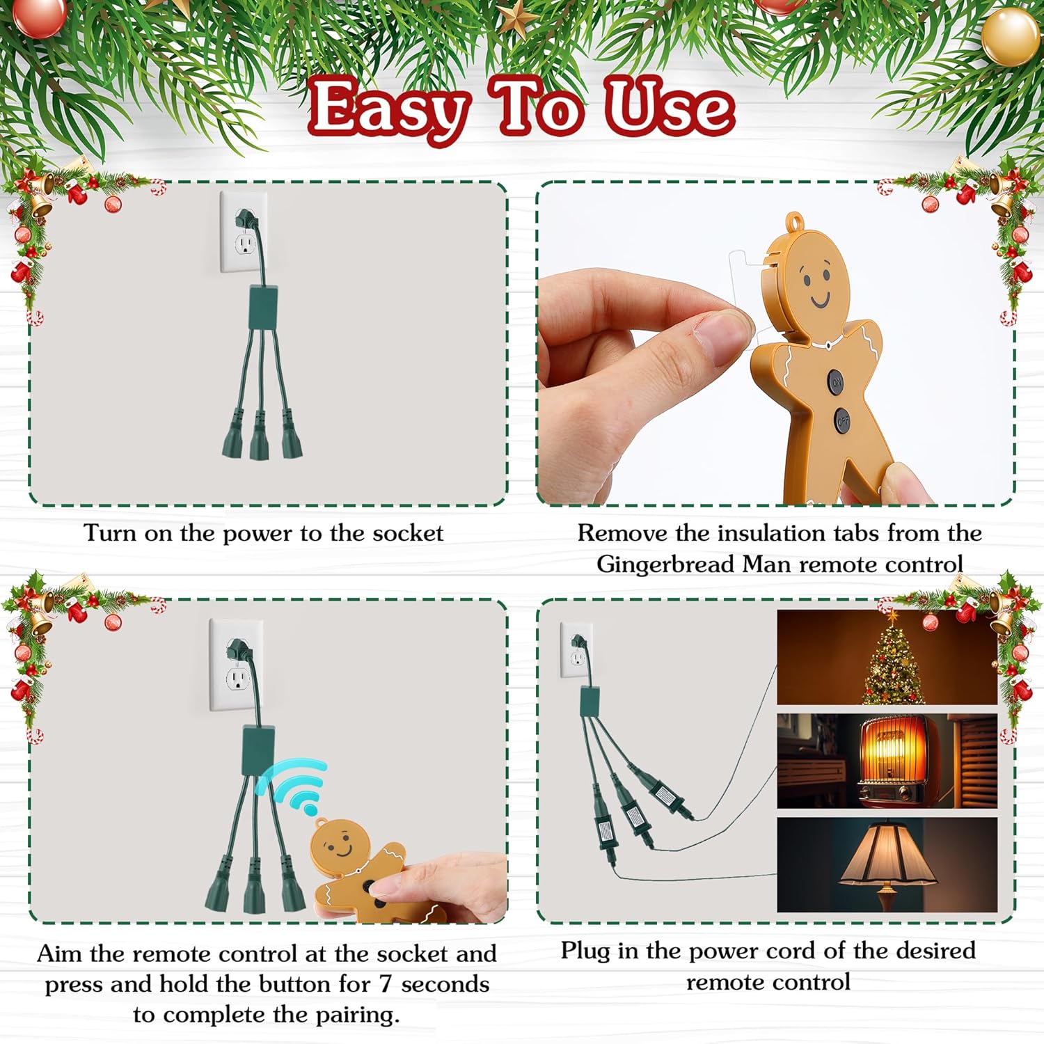 Enhon Christmas Tree Lights Controlled Outlet, Plug in Control Outlet Extension Cord with 3 Sockets and Gingerbread Man Remote Switch for Christmas Tree and Long Range Lighting Control, Green (1 Pack)