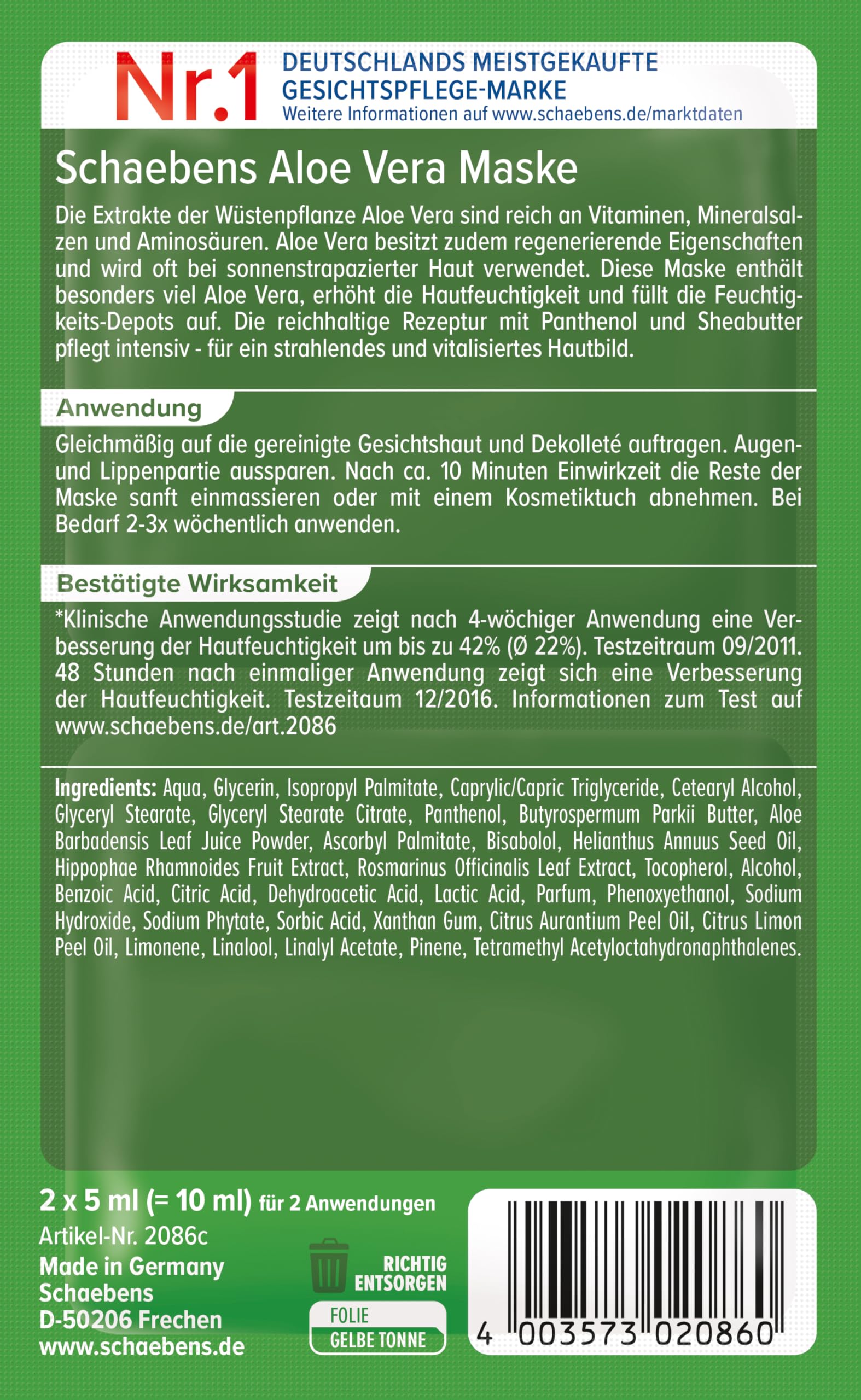 Schaebens Maska Aloe Vera, opakowanie 10 sztuk (10 x 10 ml)