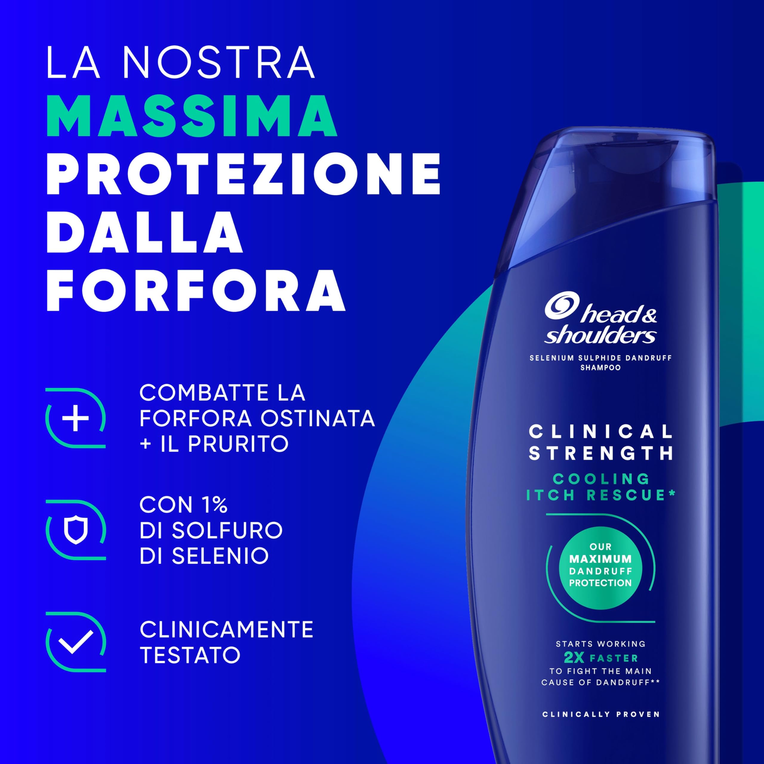 Head & Shoulders Clinical Strength Shampoo Antiforfora Antiprurito Cooling Itch Rescue al Solfuro di Selenio. Combatte la Forfora Ostinata e il Prurito, con Mentolo Rinfrescante Intenso, 400ml