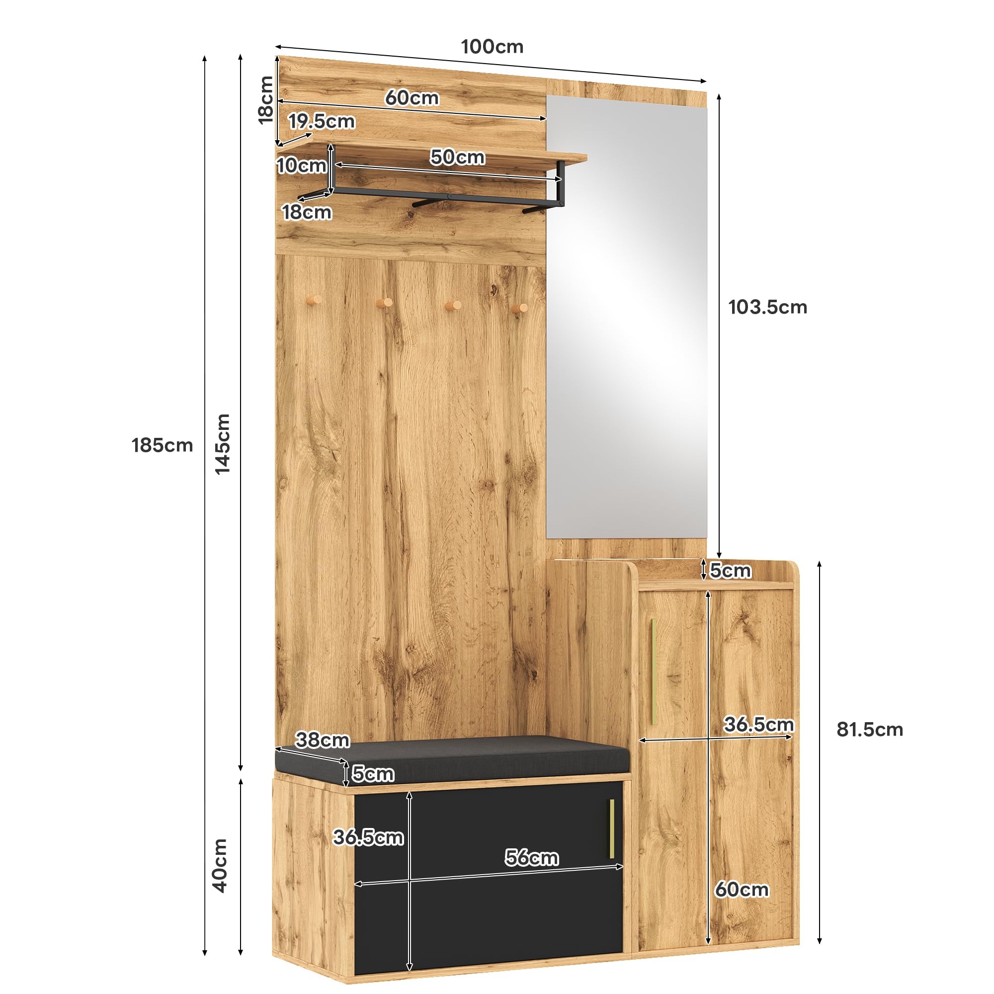 Kompaktgarderobe mit Spiegel und Sitzbank 100x38x185 cm Holzoptik Flurgarderobe Set