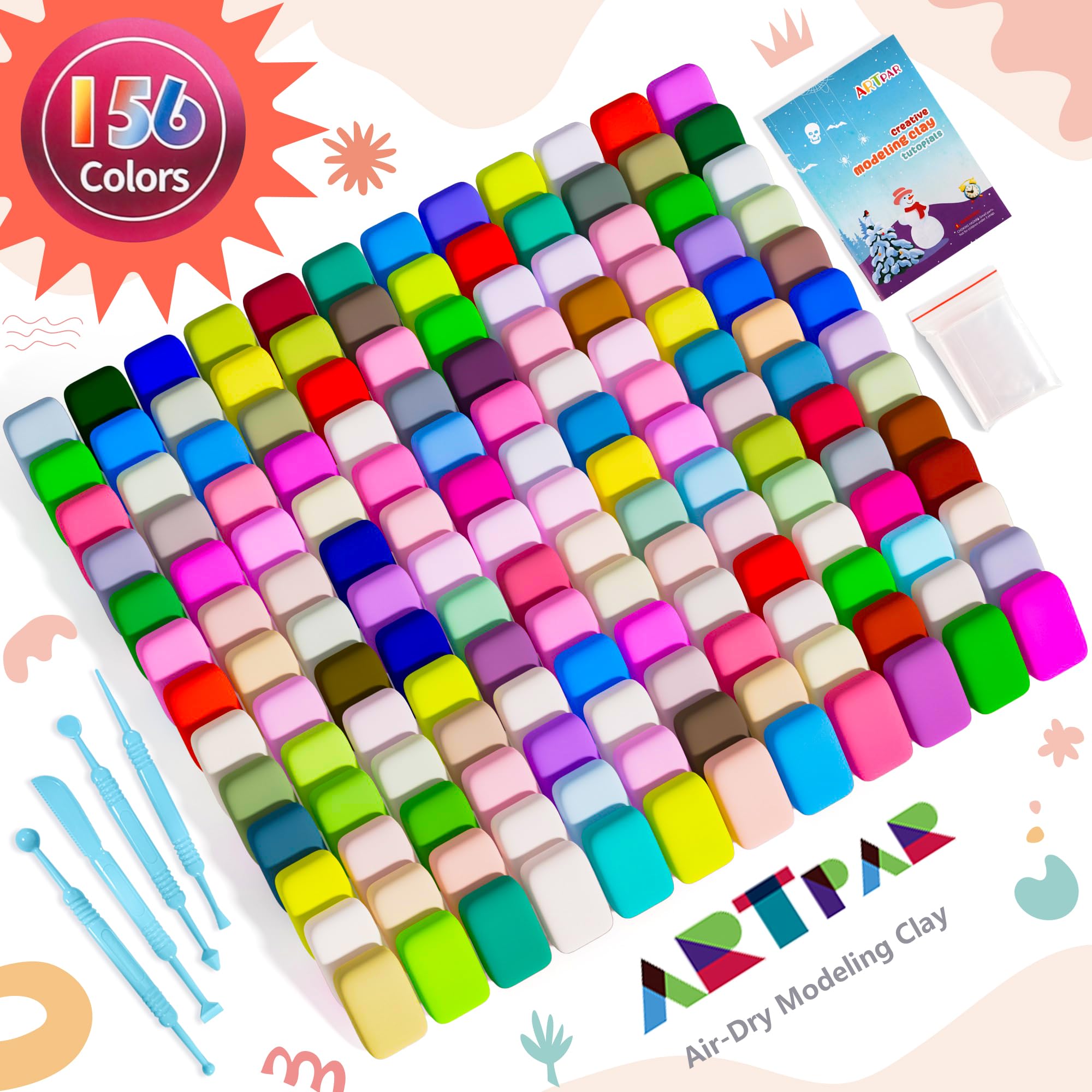 ARTPAR - Arcilla seca al aire (156 colores), arcilla mágica de modelado para niños, kit a granel, suave y no pegajosa, suministros de arte y manualidades no tóxicos para proyectos de aula, juguetes