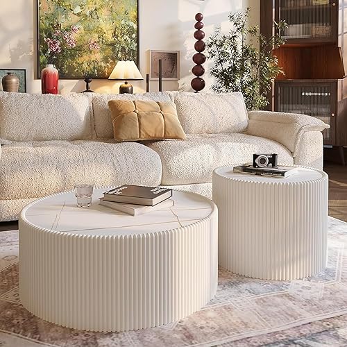 Miniatura 80 de Mesa auxiliar redonda moderna, mesa auxiliar de sofá de mármol sintético con base cubierta de cuero sintético en forma de cuenco, mesa auxiliar