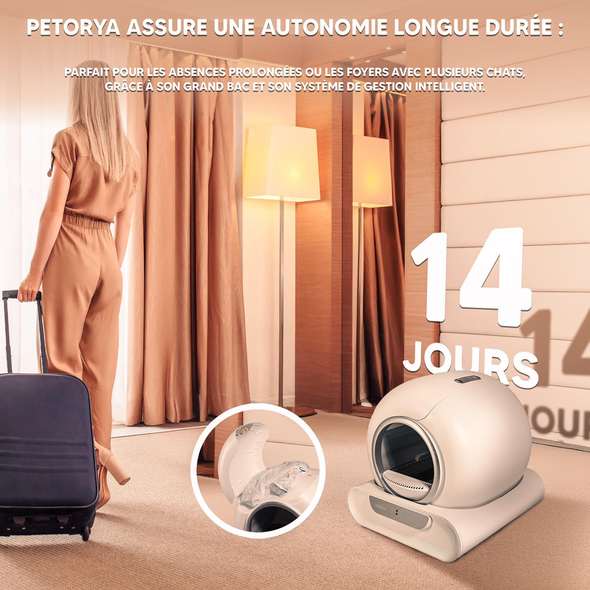 Litiere Chat Autonettoyante PETORYA, Bac à Litière Automatique, Anti-Fuites/Anti-Pincement/Anti-Odeur/Secure/Contrôle APP/Nettoyage Facile, Capacité XXL de 65L pour Plusieurs Chats