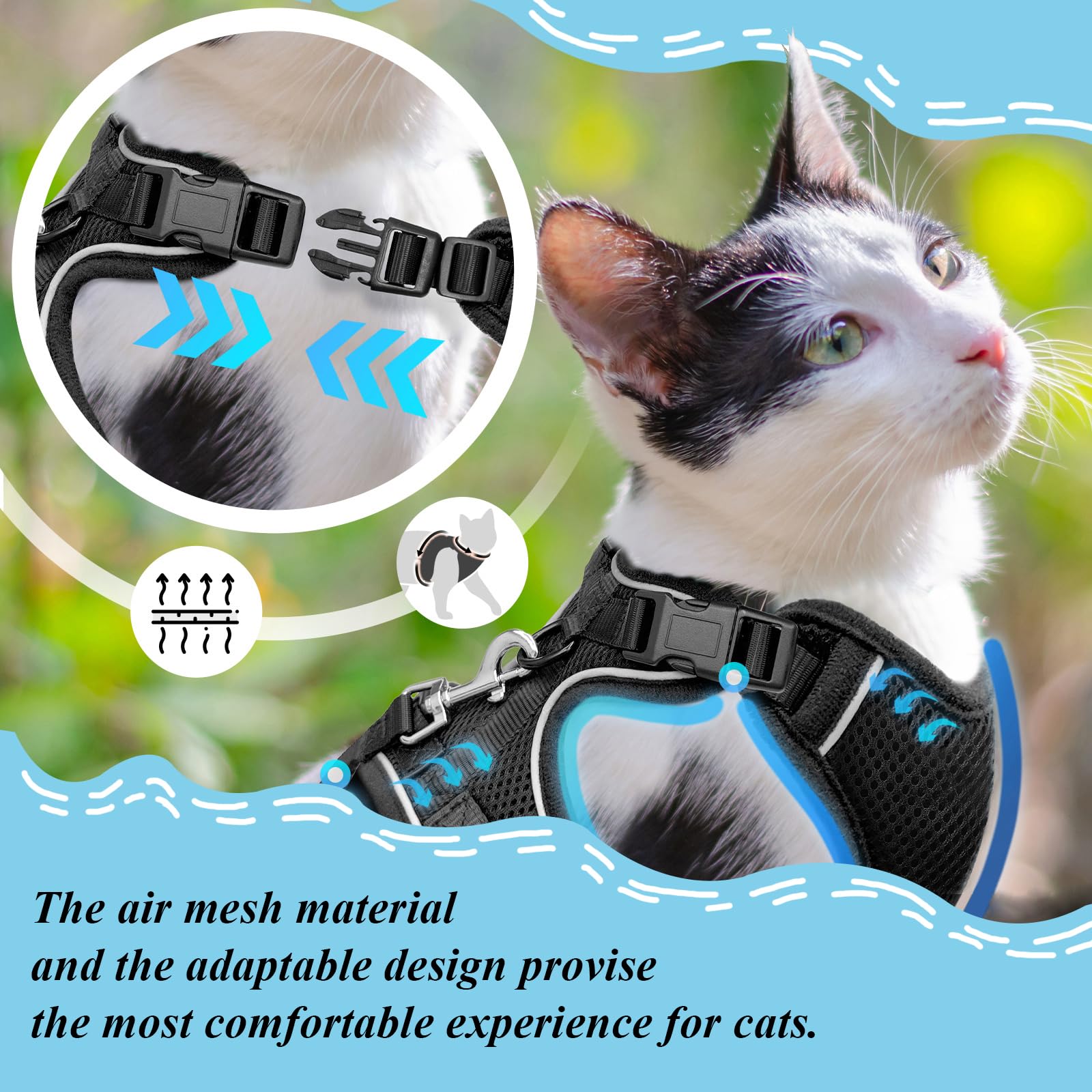 Cat Harness and Leash for Walking, Cat Car Harness, Escape Proof Soft Adjustable Vest Harnesses for Cats, Easy Control Breathable Reflective Strips Harness, Kitten Harness and Leash Set, Black, S - image 2