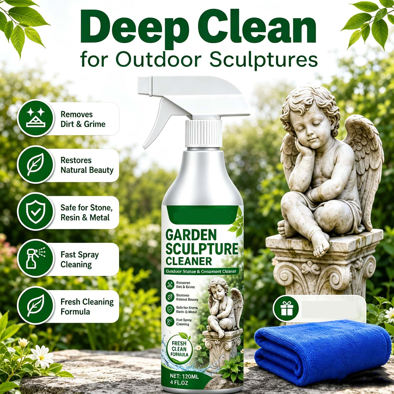 Spray de limpieza multisuperficie para exteriores, potente escultura de jardín, espray de limpieza para decoración de jardín, solución de limpieza para decoración de exteriores, limpiador diario de
