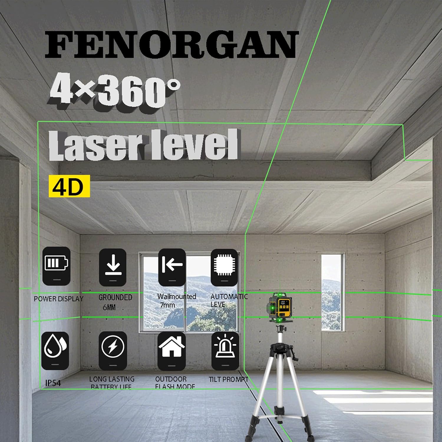 FenorGan16 Lines Self Leveling Laser Level，LCD power display，4x360° 4D Green Cross Line Professional Laser for Construction，