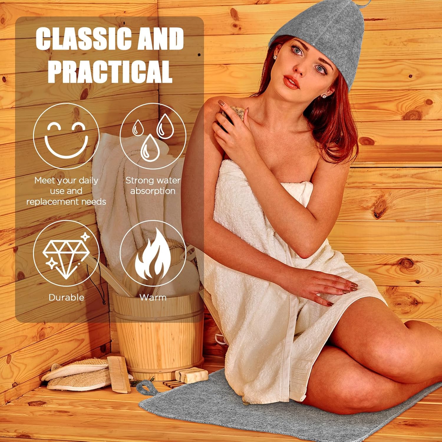 Jiuguva 4 Pcs Sauna Hat Natural Wool Sauna Cap for Men and Women Saunas Accessories Include Felt Hat & Banya Heat Floor Mat Head Insulation Vaporarium for Spa Bench Bath Shower Gift, Gray - Image 3