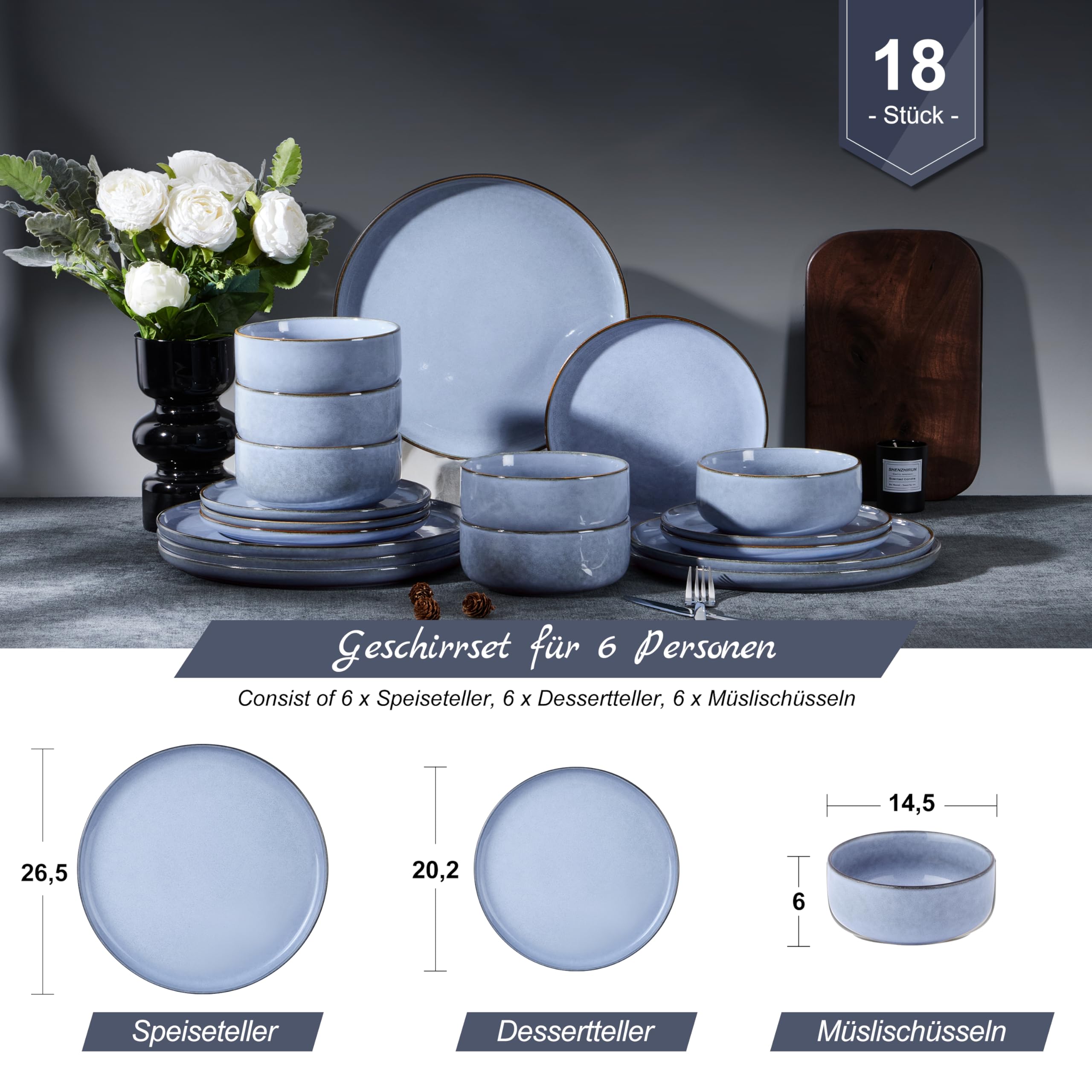 Homikit Geschirrset 18-teilig Für 6 Personen – Steinzeug Tafelservice Mit Reaktiver Glasur, Mikrowellen- & Spülmaschinenfest, In Universum Blau