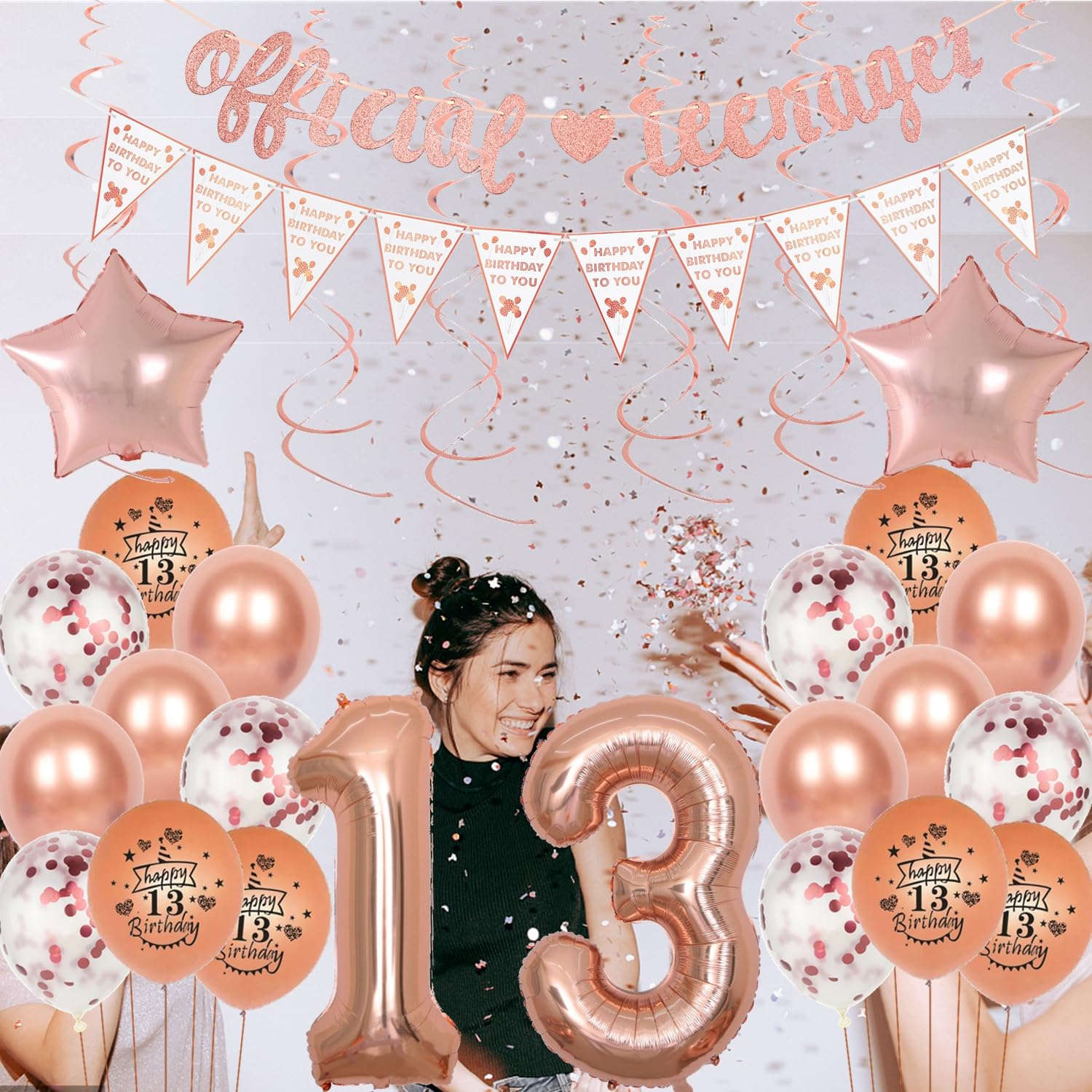 Decorazioni Per Festa Di 13° Compleanno: Palloncini Oro Rosa E Striscione "Ufficialmente Adolescente" Per Ragazze - 5