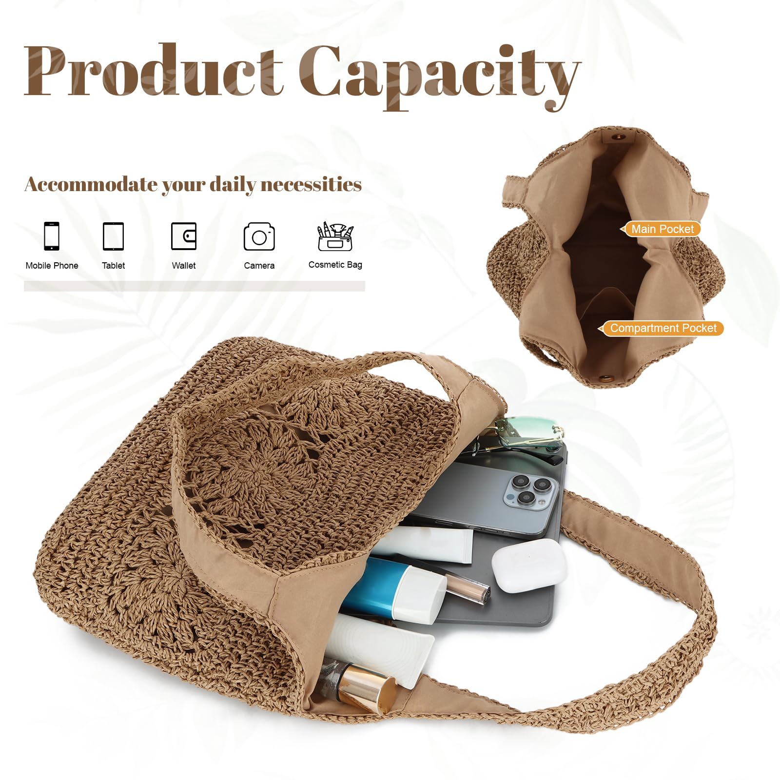 EVEOUT Bolso de hombro Paja para Mujer Verano Bohemio Ligero Grande Shopper Tejido Bolso Tote Rafia para Playa Vacaciones