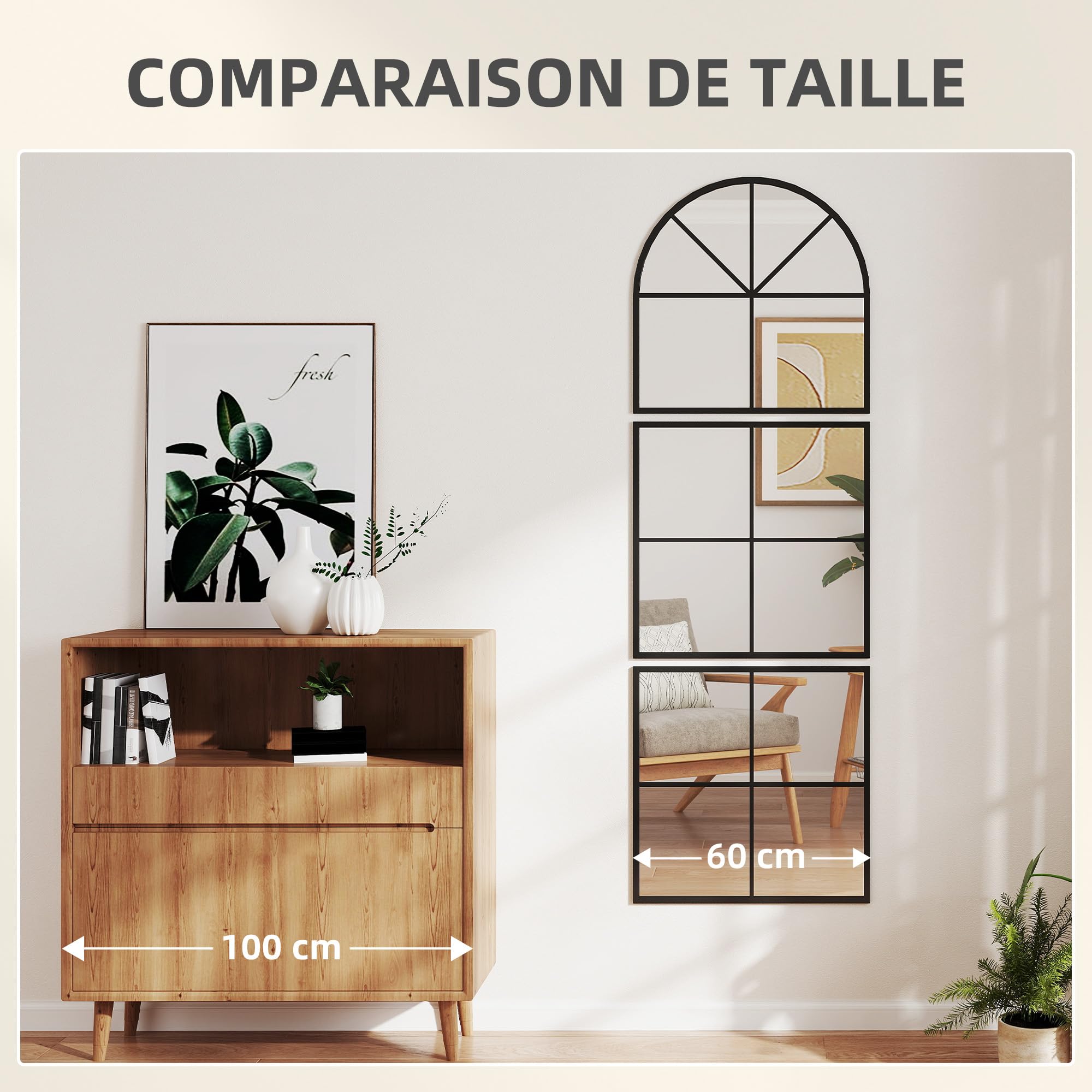 HOMCOM Miroir Mural arqué 60 x 180 cm, Grand Miroir verrière Arche Forme fenêtre avec Cadre en métal, pour Salon, Chambre, Couloir, Noir