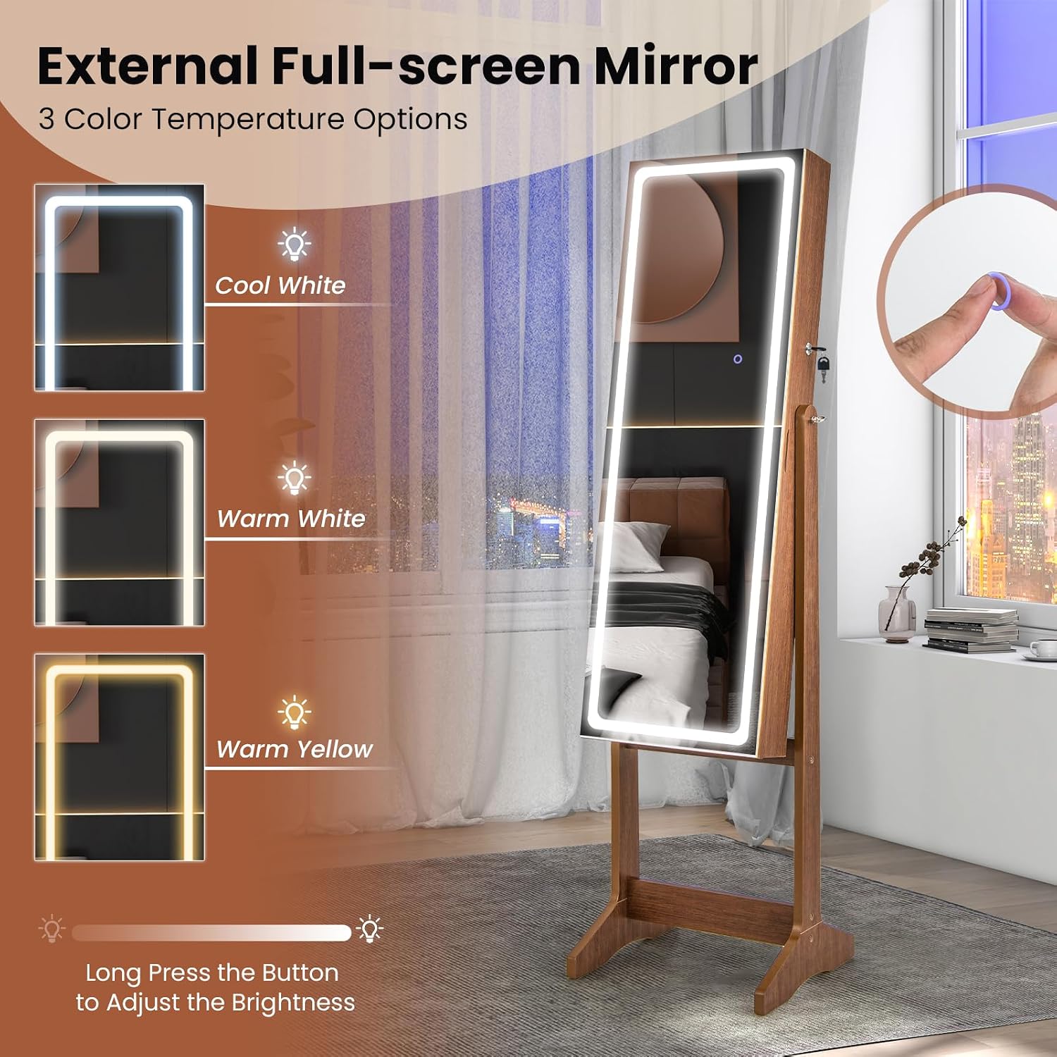 LOKO Standing Jewelry Cabinet with LED Lights, Lockable Jewelry Armoire with Full-Length Mirror, Lipstick Box & 2 Drawers, Large Storage Jewelry Organizer with 3 Adjustable Angles (walnut)