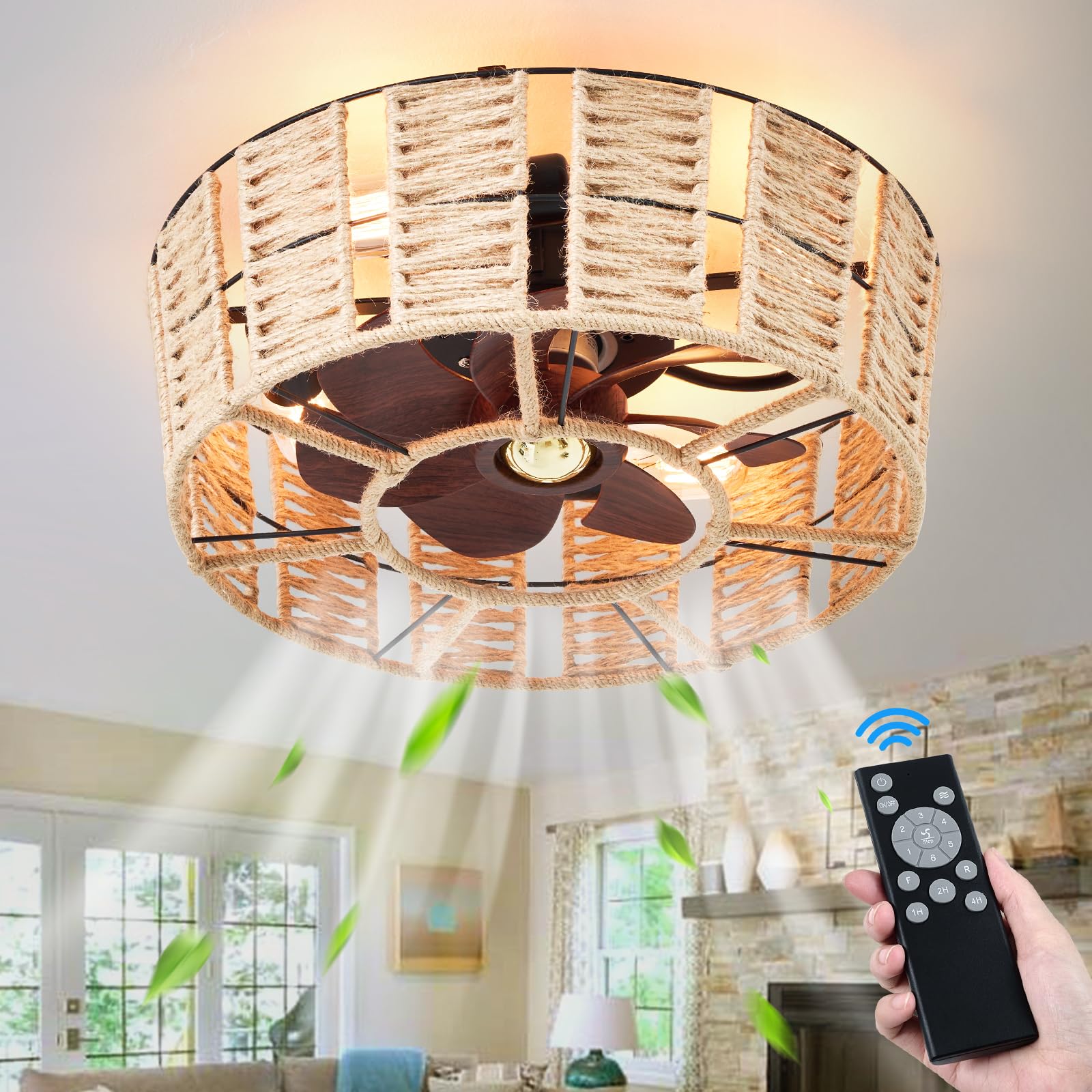 Farmhouse Caged Ceiling Fan, 18" Cage Low Profile Ceiling Fans with Lights Remote Control, Boho Flush Mount Woven Rattan Fans Light, Enclosed Bladeless Industrial Ceiling Fan 6 Speed Reversible Motor