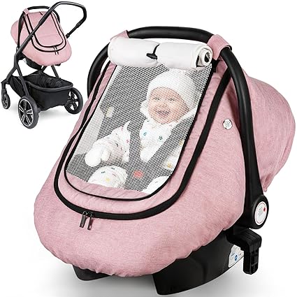 Rquite Car Seat Cover Baby, Winter Carseat Covers Boy Girl, Waterproof Infant Car Seat Cover Warm Car Seat Canopy for Cold Weather, Windproof Baby Carrier/Stroller Cover with 2 Layers Windows, Pink