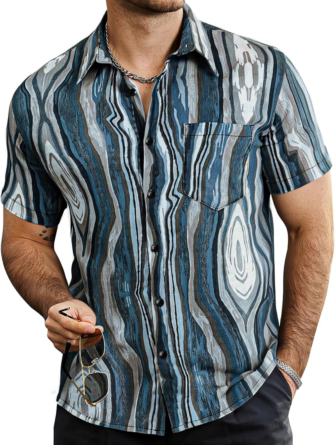 VATPAVE Mens Summer Striped Shirts Button Down Short Sleeve Vintage Beach Hawaiian Shirts with Pocket