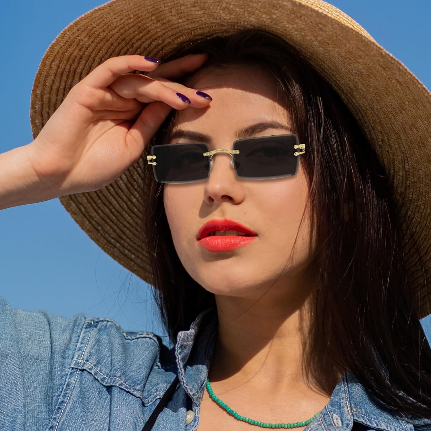 Rectangle Gradient Rimless Sunglasses Women Men Transparent Tinted Metal Frameless UV400 for Summer Holiday - Image 5