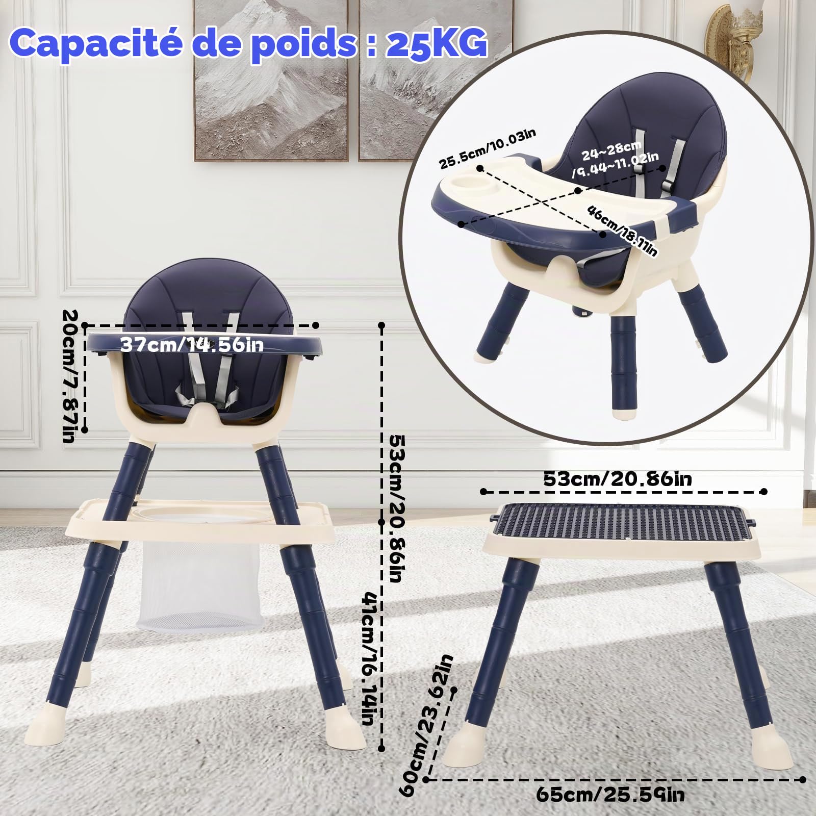 Chaise Haute Bébé Evolutive 7 en 1 avec Table à Manger, Repose-Pieds, Panier, Ceinture et Double Plateau Détachable, Chaise Haute Confort pour Bébé de 6 Mois à 6 Ans (Bleu)