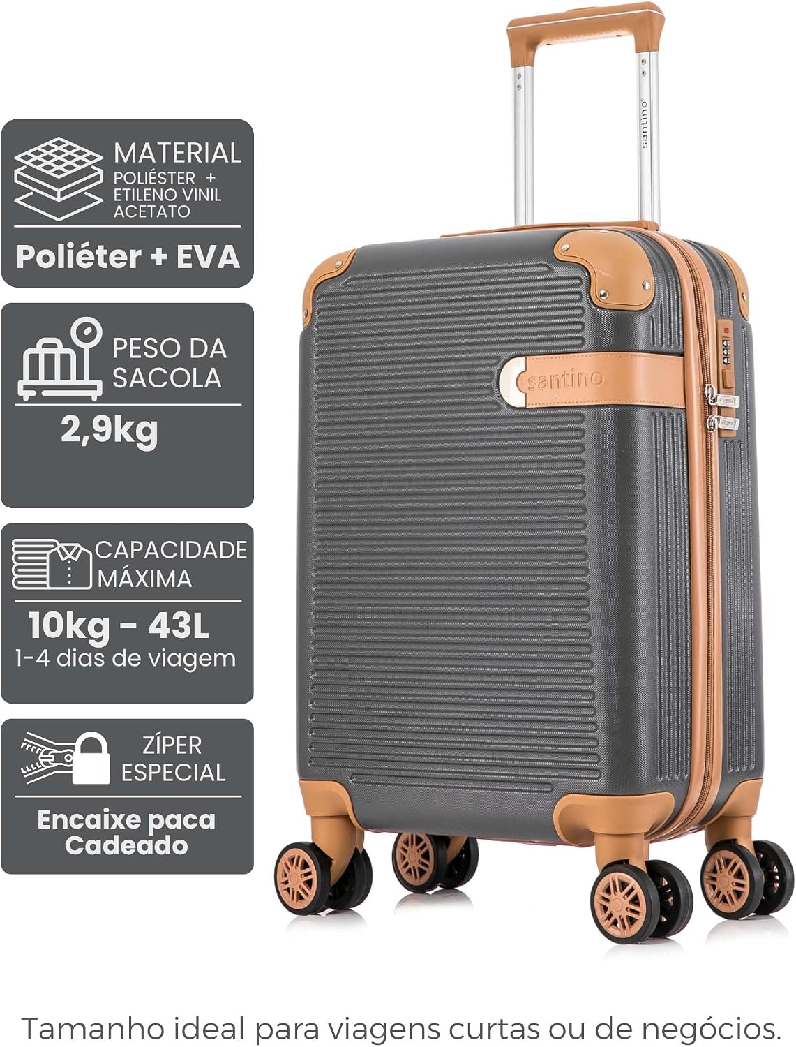 Santino Mala de Bordo Rígida - Textura Canelada Distinta, Rodas Duplas Silenciosas 360°, Cadeado com Combinação Numérica | Leveza e Segurança Aprimoradas para Viagens (Chumbo, Pequeno) Santino Mala de Bordo Rígida - Textura Canelada Distinta, Rodas Duplas Silenciosas 360°, Cadeado com Combinação Numérica | Leveza e Segurança Aprimoradas para Viagens (Chumbo, Pequeno)