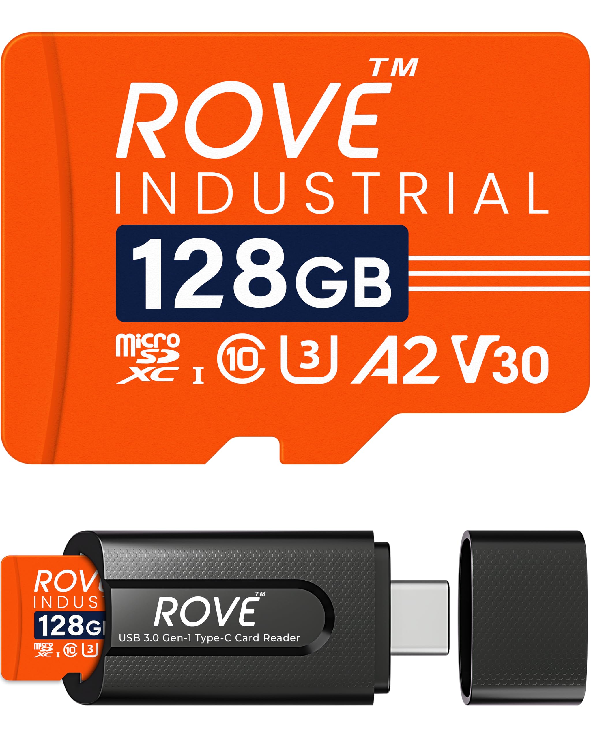 ROVE Tarjeta micro SD industrial de 128 GB con lector de tarjetas USB 3.0 tipo C, tarjeta de memoria microSDXC de alta resistencia de 100 MB/s, velocidad de lectura, C10, U3, V30, 4K, A2 para Dash Cam