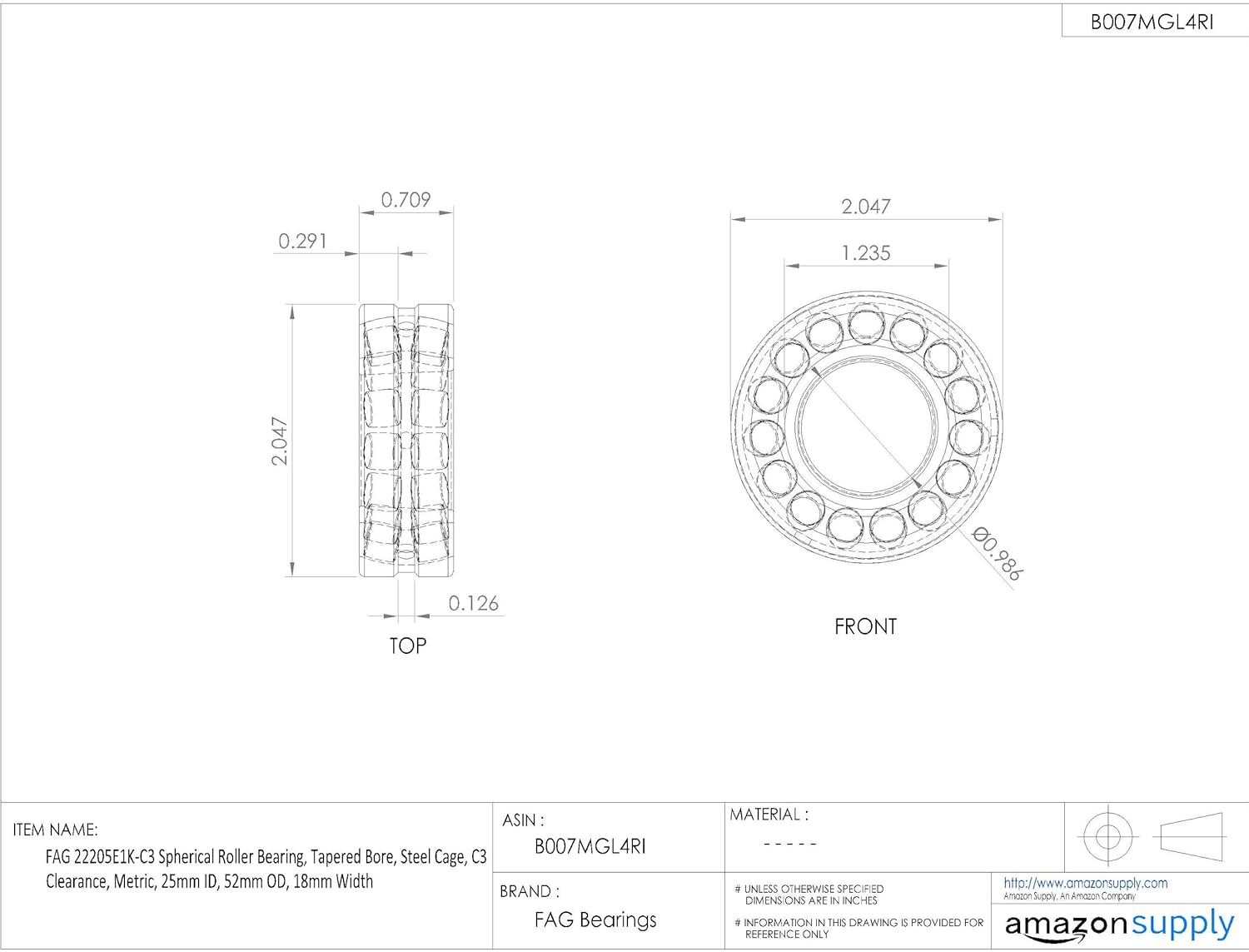 FAG 22205E1K-C3 Spherical Roller Bearing, Tapered Bore, Steel Cage, C3 Clearance, Metric, 25mm ID, 52mm OD, 18mm Width
