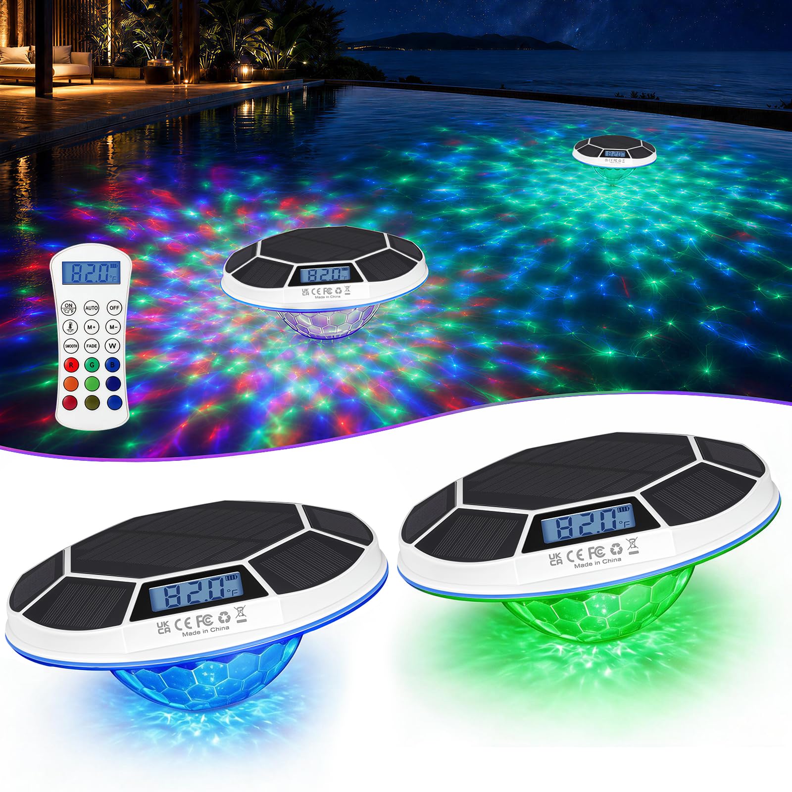 Partsam Schwimmende Poolleuchten Solarbetrieben mit digitalem Thermometer
