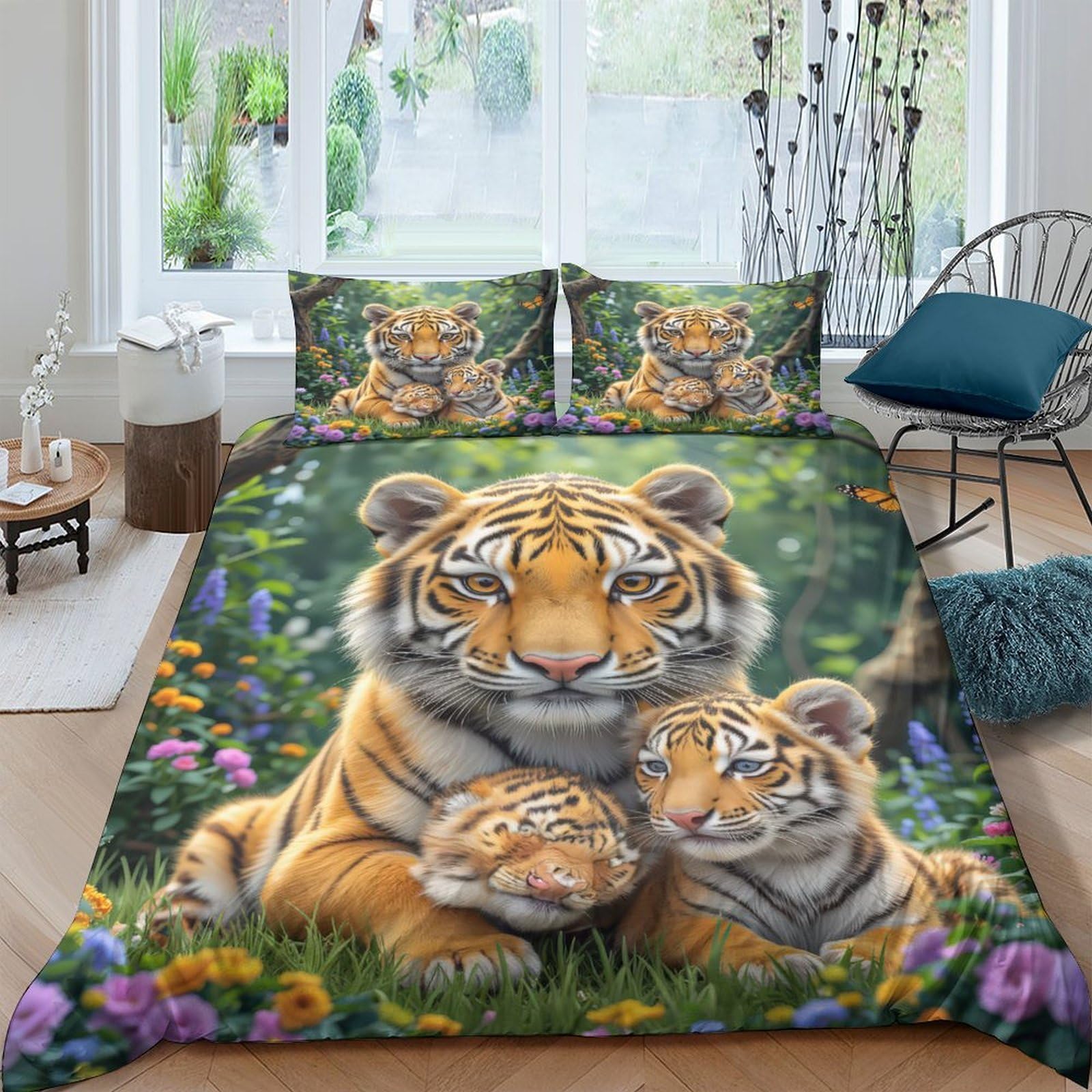 Linge de lit tigre 3D avec housse de couette 140x200 pour lit 1 place et taie d'oreiller