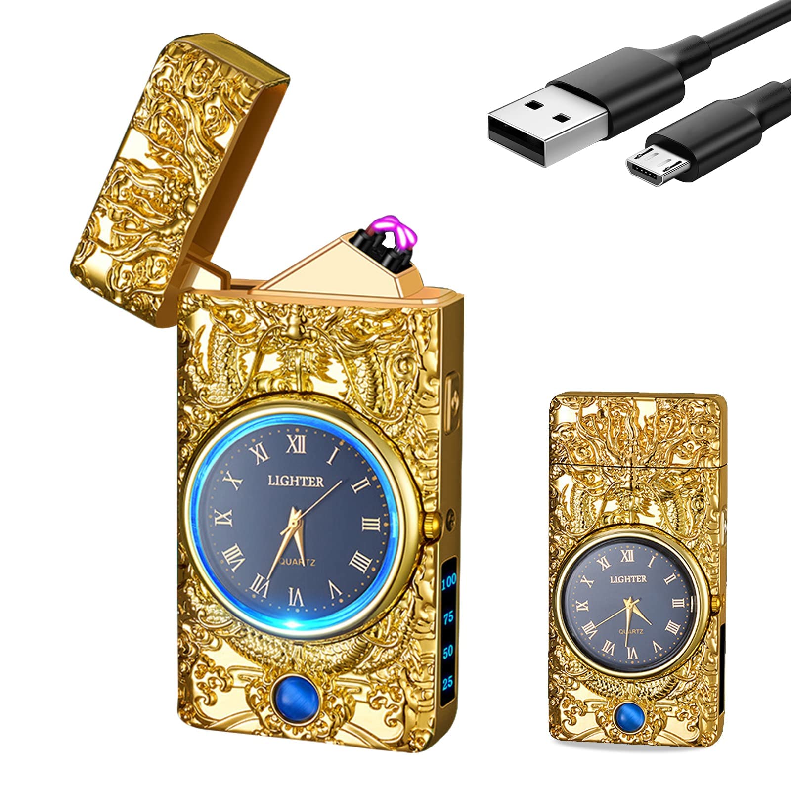 GADATOP Accendino elettrico a forma di drago, antivento, senza fiamma, ricaricabile tramite USB, con quadrante e illuminazione a LED (oro)