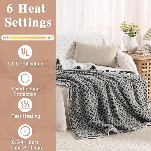 Miniatura 2 de CAROMIO Manta eléctrica con calefacción, manta térmica de piel sintética, manta térmica extra suave y gruesa para sofá con control LCD, 6 niveles de