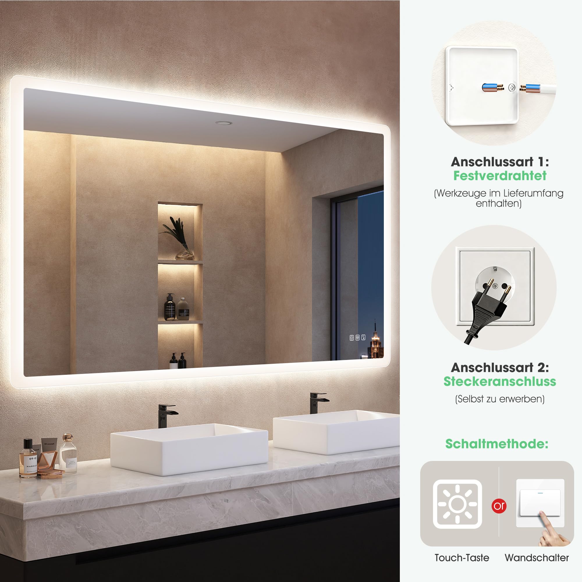 S'bagno Badspiegel-mit-Beleuchtung 140x80cm, Led-Badezimmerspiegel-mit-Licht, Bluetooth, Entfoggen, 3 Farben, Dimmbar, Speicherfunktion, Gehärtetes Glas, IP44 Wasserdicht, Horizontal/Vertikal