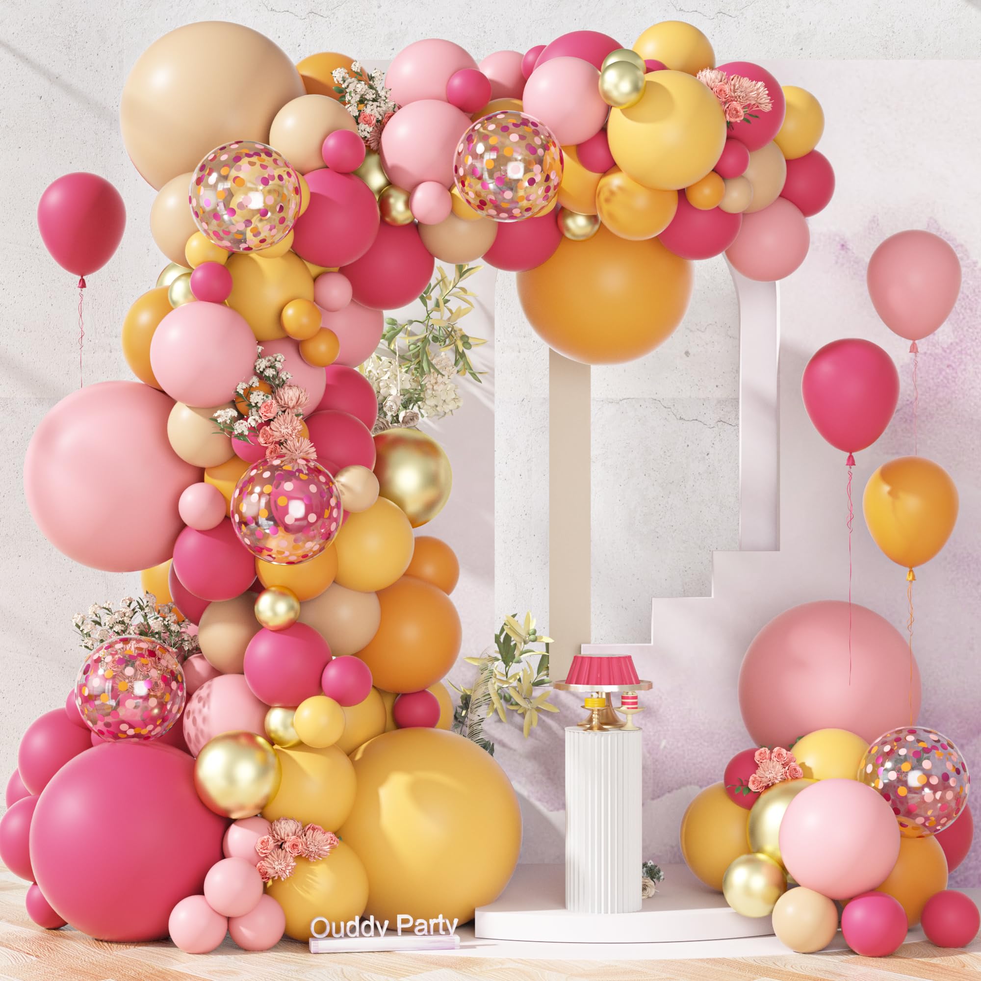Ouddy Party Kit de 149 guirnaldas de globos rosa y naranja de diferentes tamaños de 18, 12, 10, 5 pulgadas, 6 globos dorados metálicos de melocotón rosa intenso de 18 pulgadas para verano, fiesta de