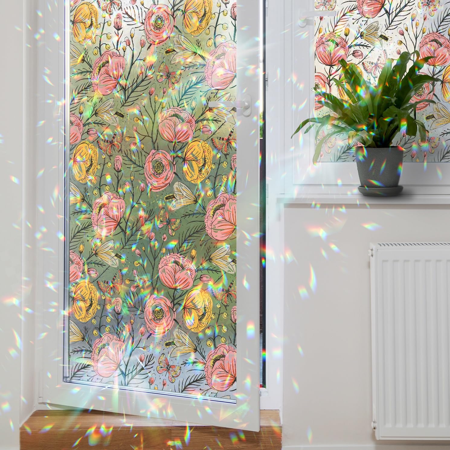 Chicskin Watercolor Floral Rainbow Window Film Privacy, Double-Sided Decorative Rainbow Window Cling Flowers for Glass Window Door, Summmer Suncatcher Film Butterflies 16.92