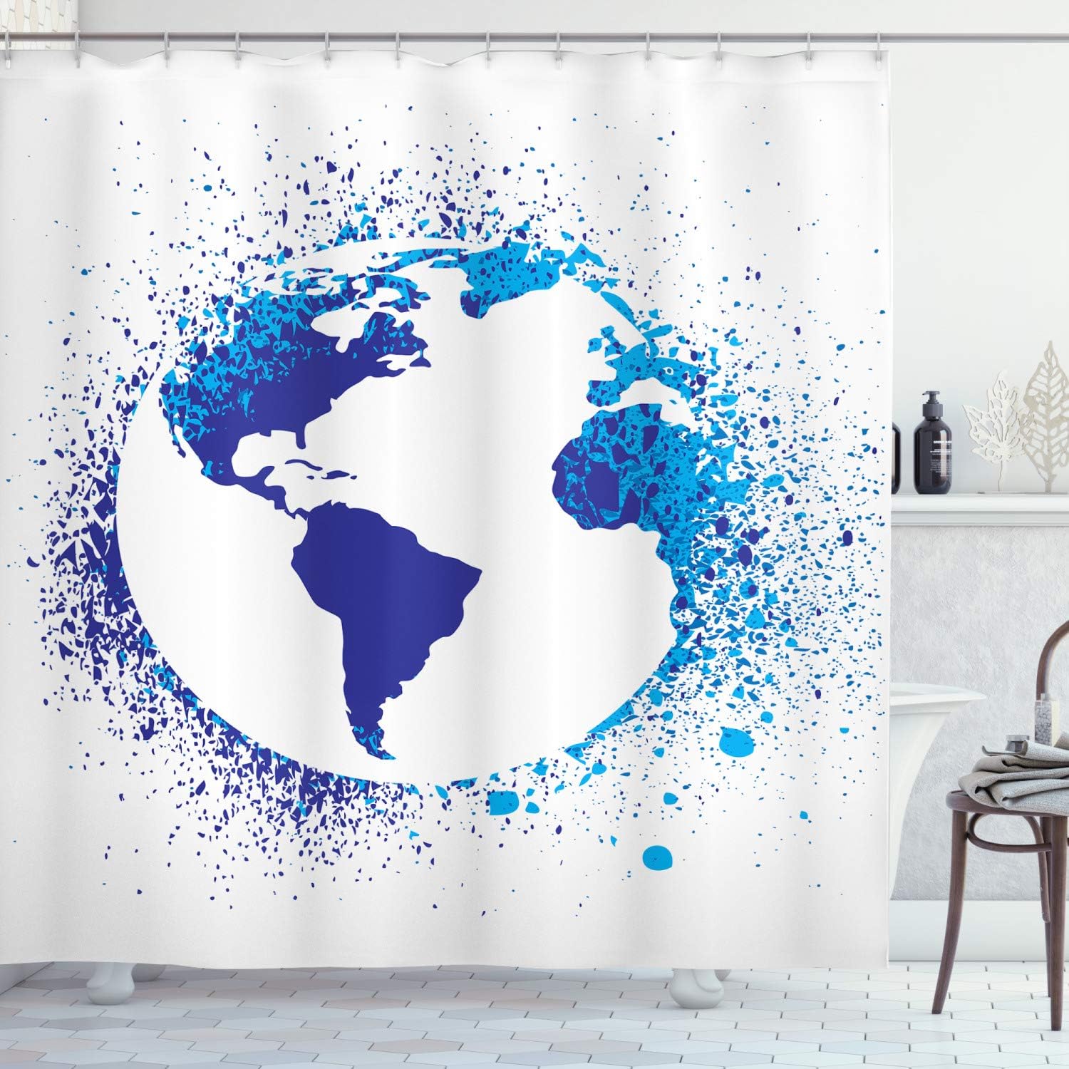 Ambesonne Grunge Shower Curtain, Globe with Ink Splatter Illustration Color Splashes All Over World Map Continents, Cloth Fabric Bathroom Decor Set with Hooks, 69" W x 70" L, Blue White