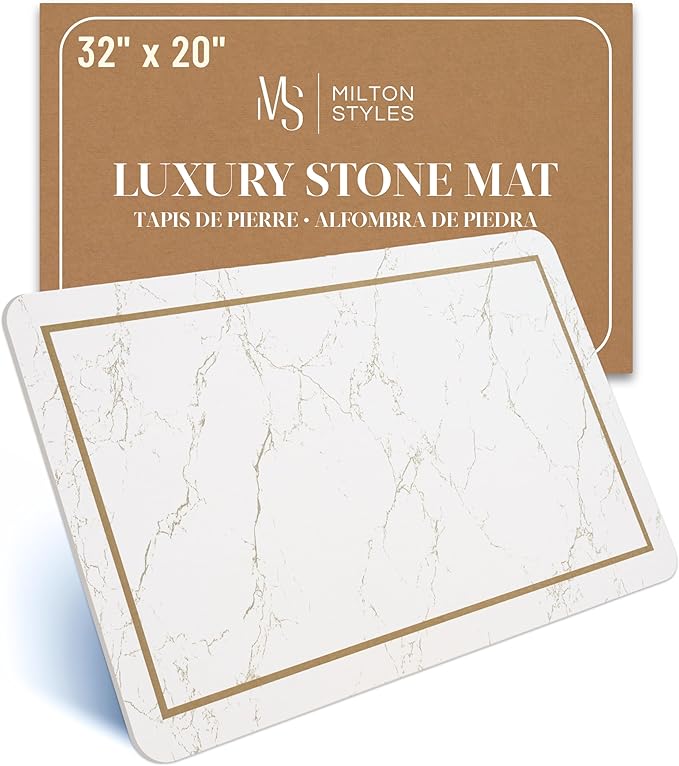 Stone Bath Mat Large, 32" x 20" – Super Absorbent Stone Bath Mats for Bathroom, Quick-Drying Diatomaceous Earth Bath Mat Large XL, Modern Diatomite Mat Easy to Clean, White Modern Marble