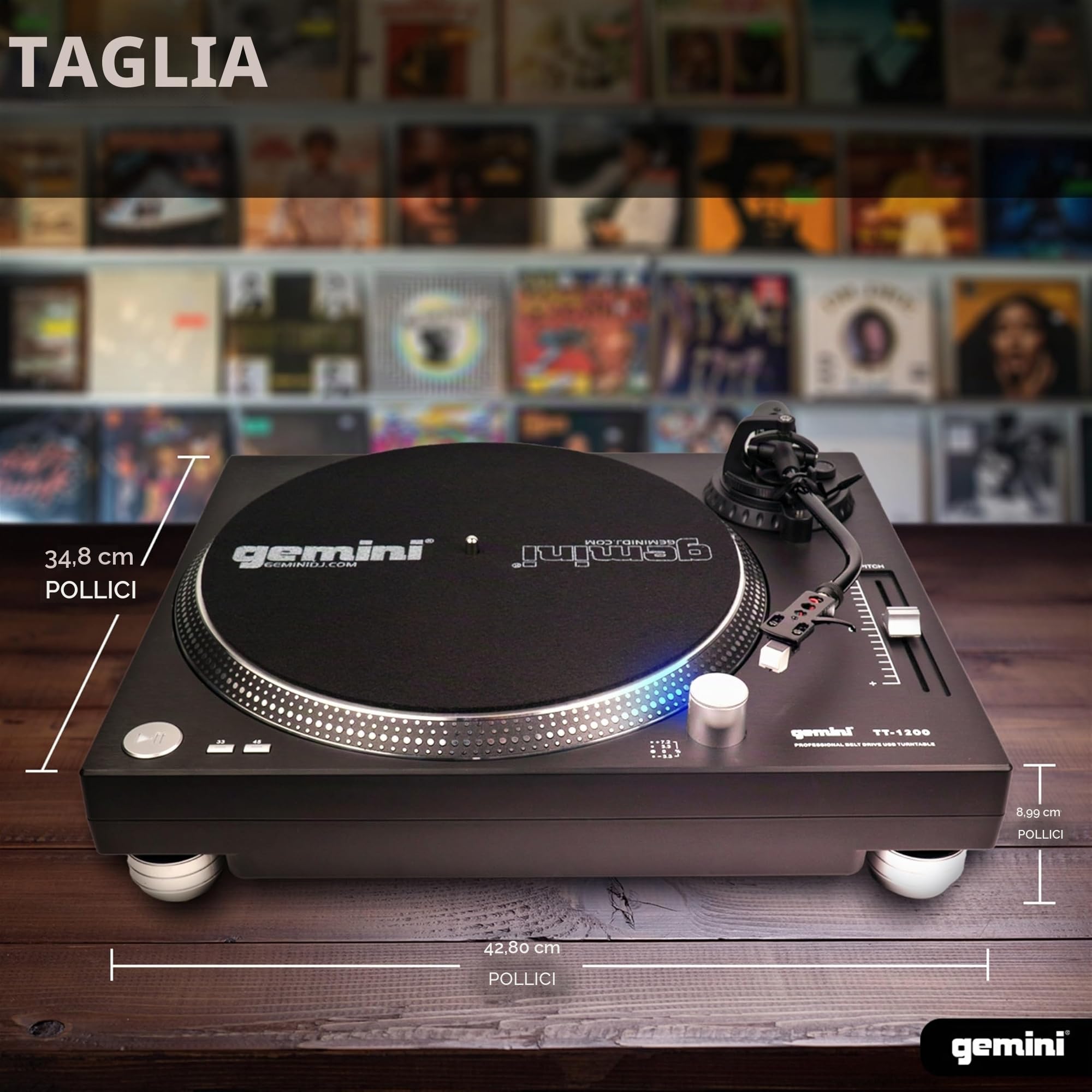 Gemini Sound TT-1200 - Giradischi in vinile a 2 velocità con trasmissione a cinghia per DJ, stereo domestico, con interfaccia USB e software di auditività inclusi