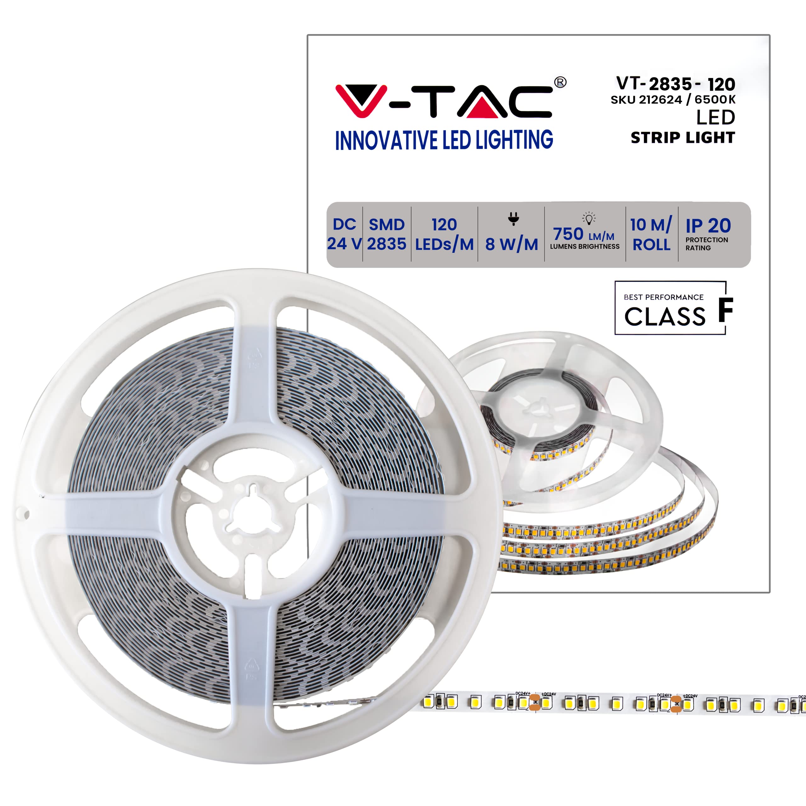 V-TAC Tira LED bobina de 10 metros 7,5 W por metro cinta luminosa SMD 2835 Color de la luz blanca fría 6500 K para interior con tira adhesiva, alimentada a 24 V.