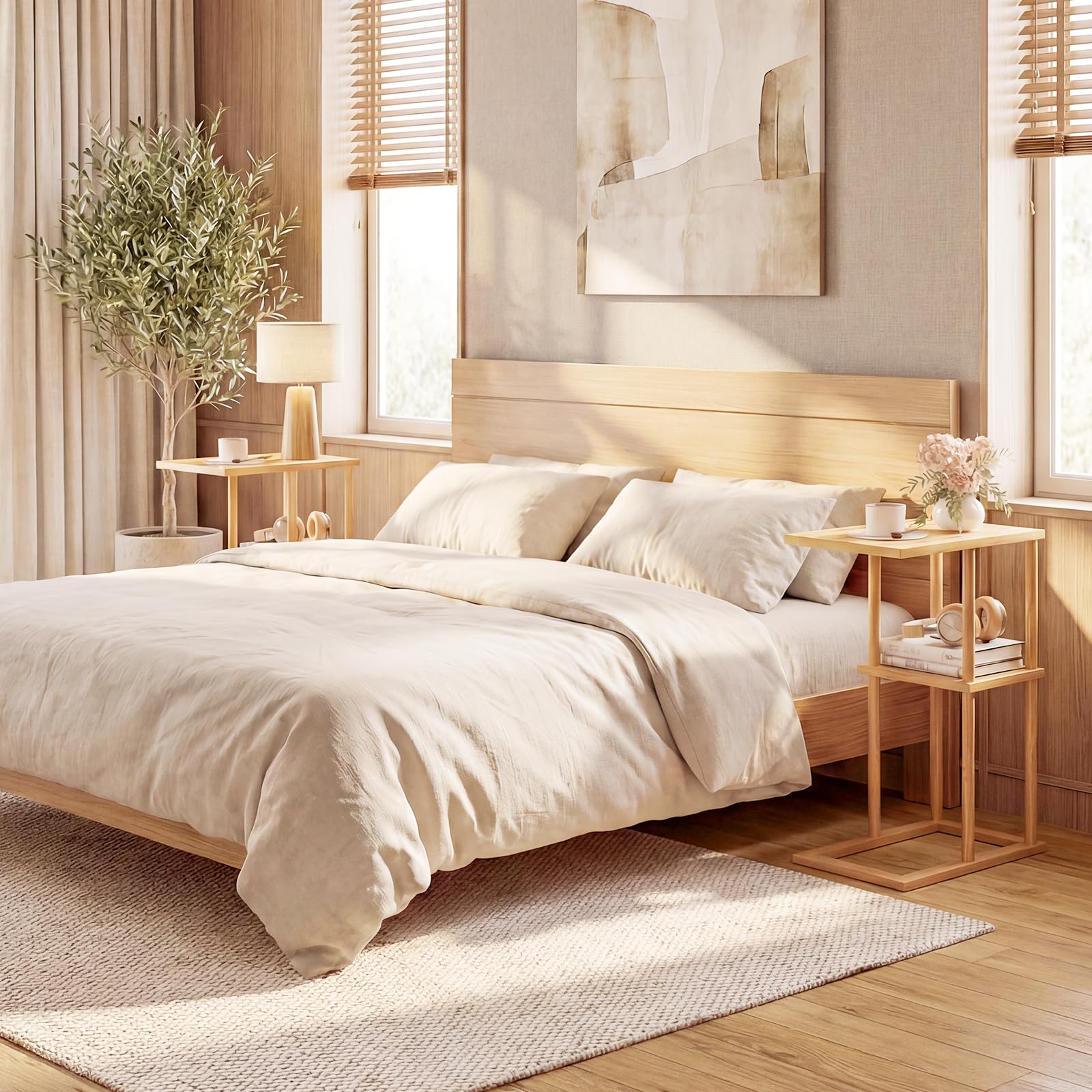 COSTWAY Juego de 2 Mesa Auxiliar de Bambú para Sofá, Mesita Forma de C con Estantes de Almacenamiento, 40 x 28 x 65 cm, Mesa de Café, Mesita de Noche Estrecha para Cama, Sala y Dormitorio, Natural