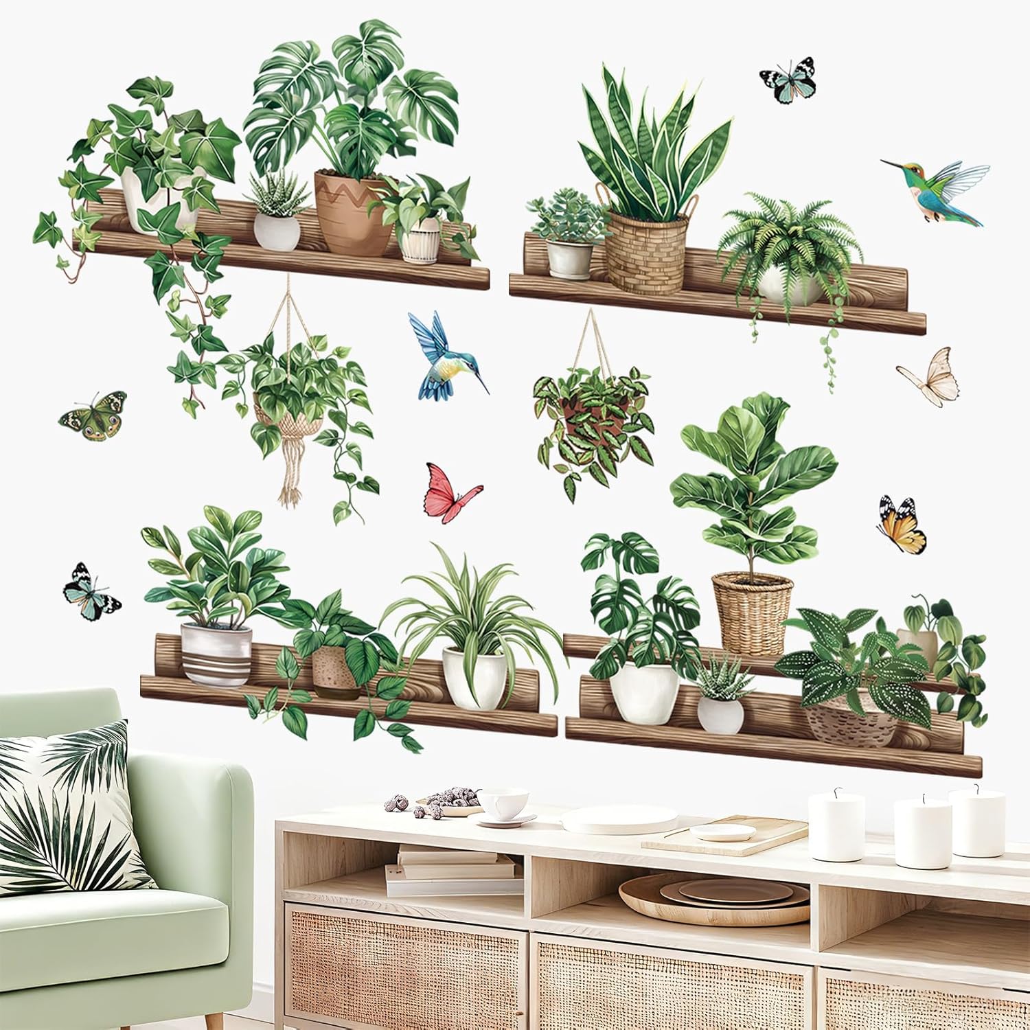 wondever Green Pot Plants Wall Stickers Leaves Potted Plant Butterfly Bird Peel and Stick Wall Art Decals for Living Room Bedroom Tv Background Wall Decor