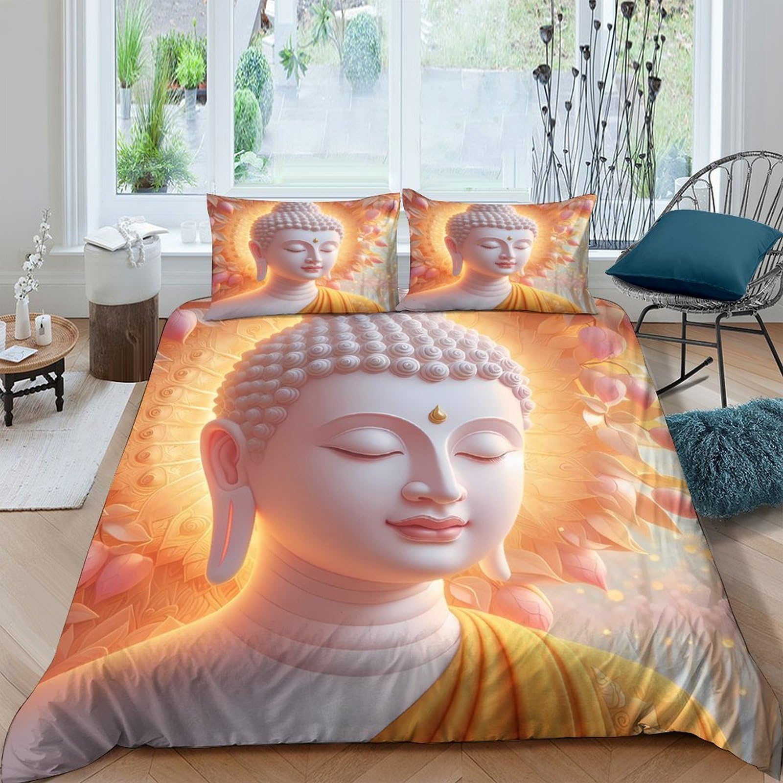 Ctjqhvkz Style-5 3D Printed Buddha Sunrise Fitted Sheet Microfiber Soft Orange Artistic Bed Cover For Bedroom Dorm Mattress Decor Single（135X200cm）
